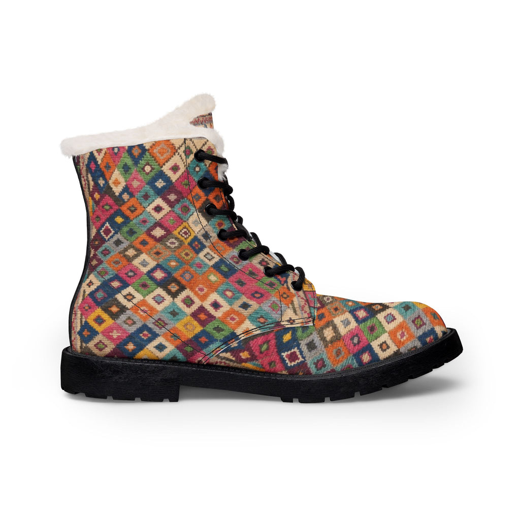 Colorful Diamond Patchwork Boots | Fur Lined Leather Boots