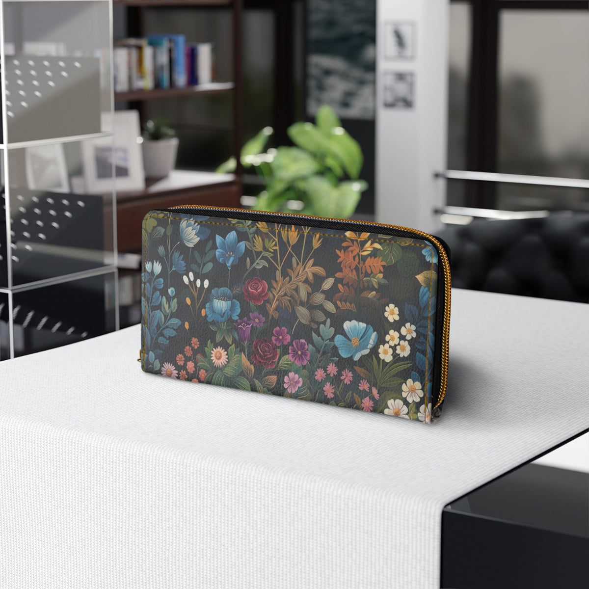 Floral Night Garden Zipper Wallet — Dark Botanical Zip Wallet