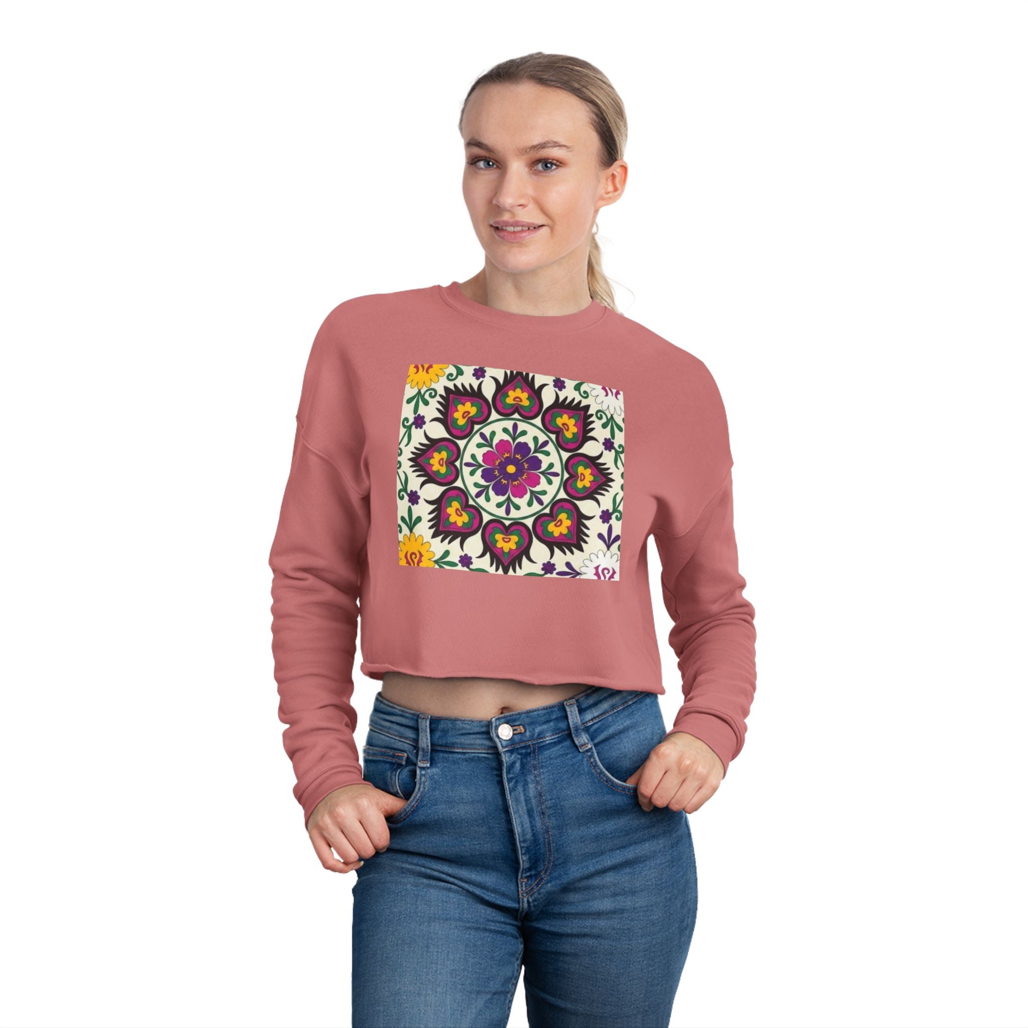 Floral Mandala Tile Cropped Sweatshirt | Boho Flower Pattern
