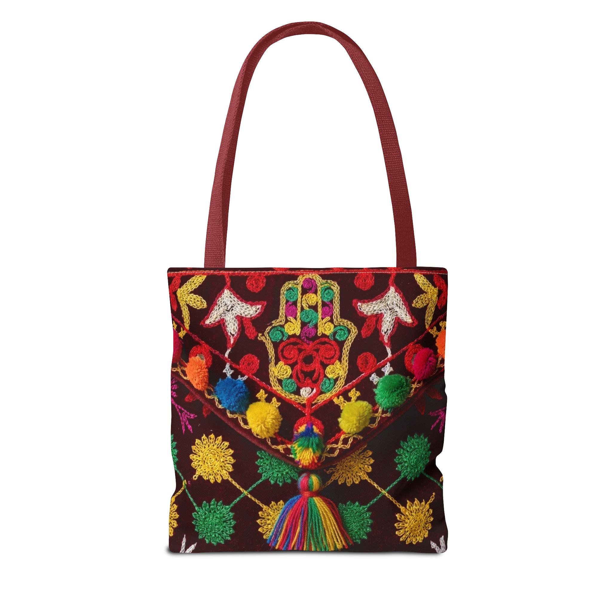 Colorful Hamsa Hand Pom Pom Pattern Tote Bag | Boho Embroidered Style