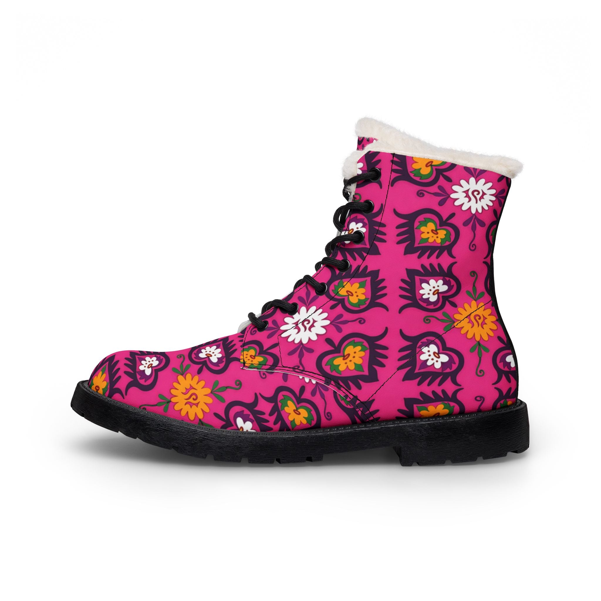 Pink Floral Pattern Boots | Fur Lined Leather Combat Boots