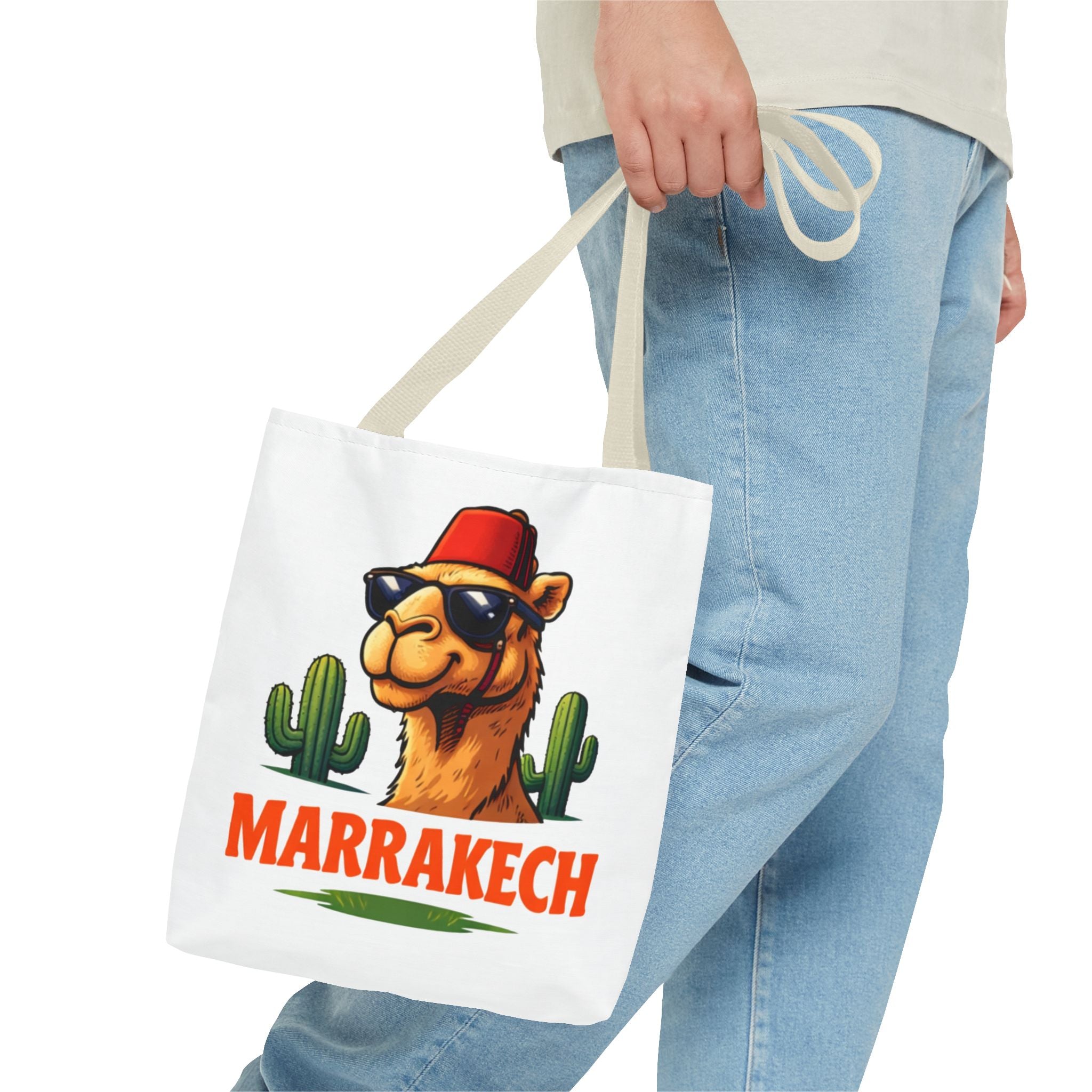 Marrakech Coco Chamelle Tote Bag — Cool Camel with Sunglasses Travel Tote