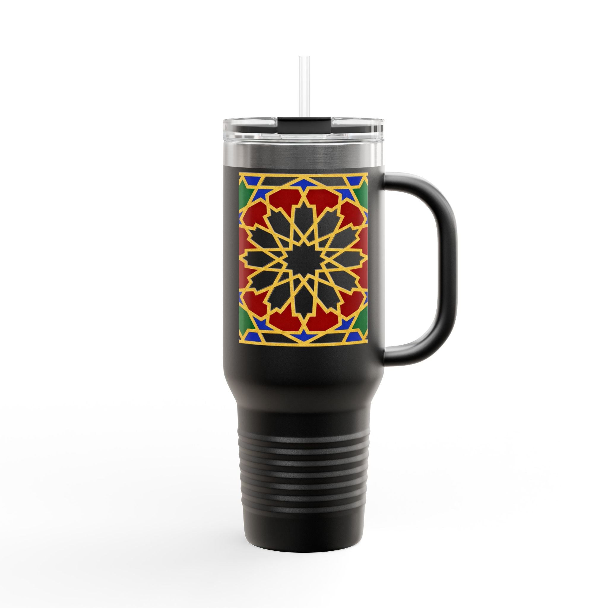 Moroccan Tile Floral Pattern Insulated Travel Mug 40oz | Boho Geometric Drink Tumbler