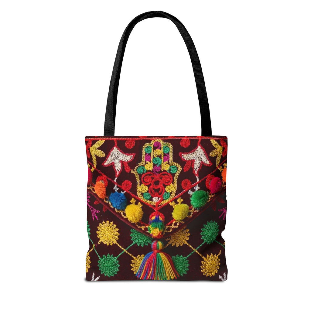 Colorful Hamsa Hand Pom Pom Pattern Tote Bag | Boho Embroidered Style