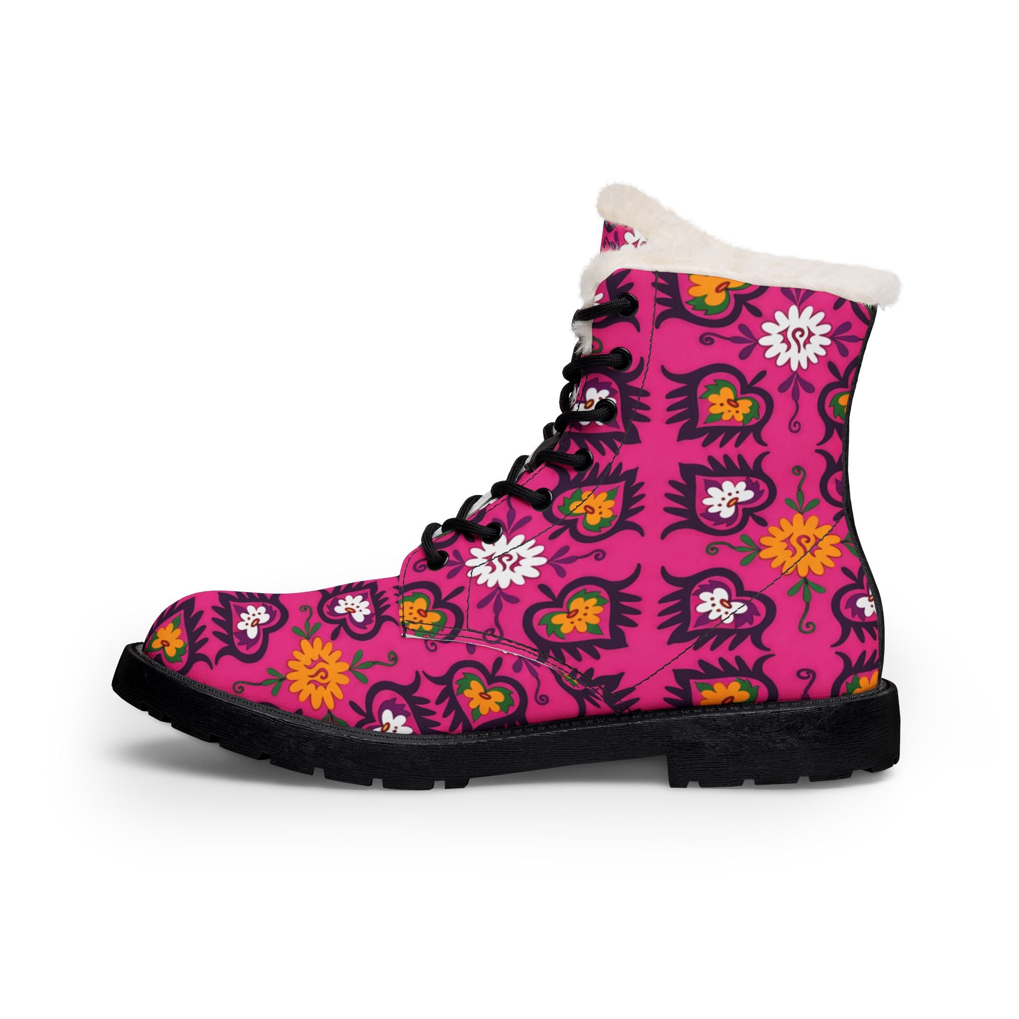 Pink Floral Pattern Boots | Fur Lined Leather Combat Boots