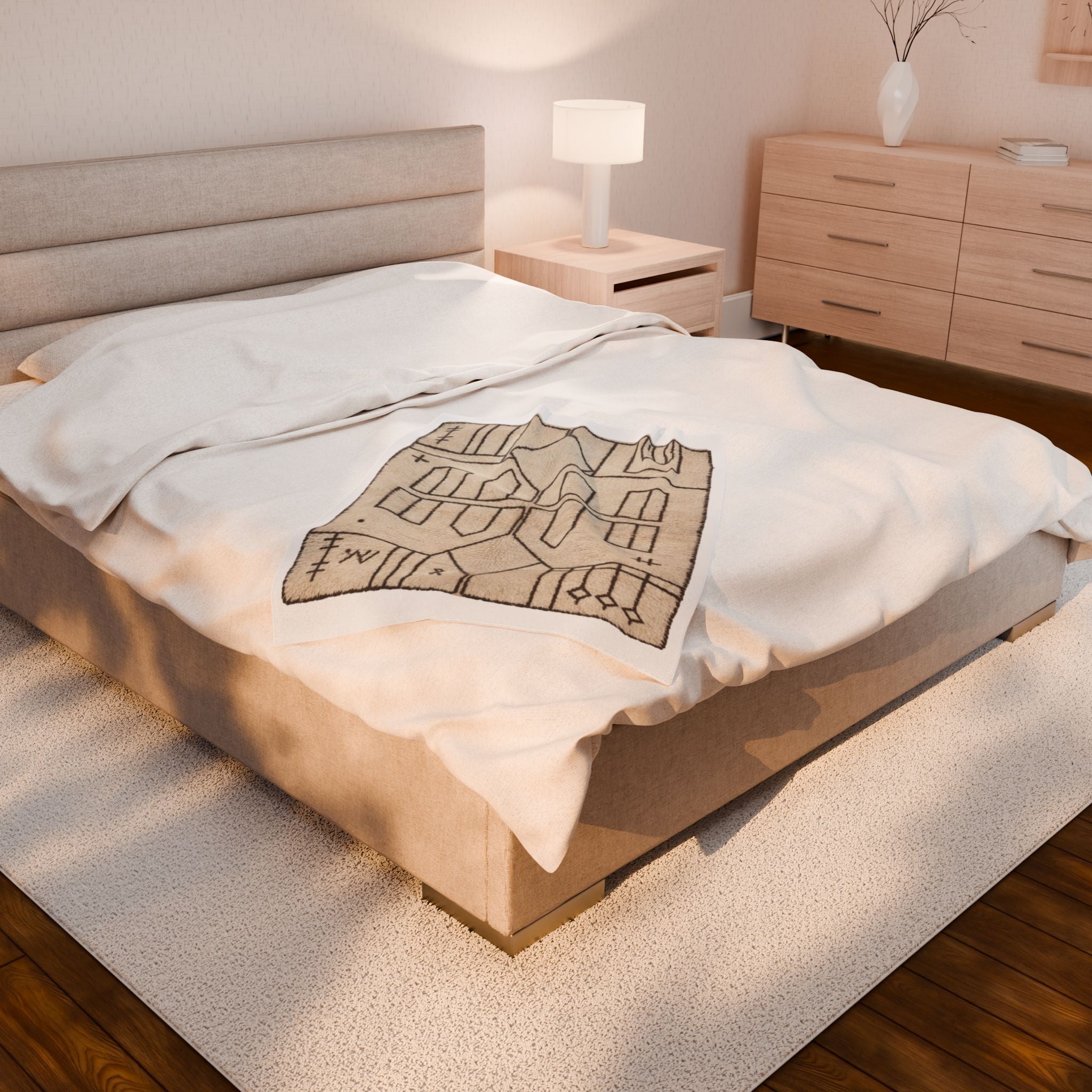 Neutral Geometric Tribal Pattern Velveteen Plush Blanket | Boho Minimalist Throw