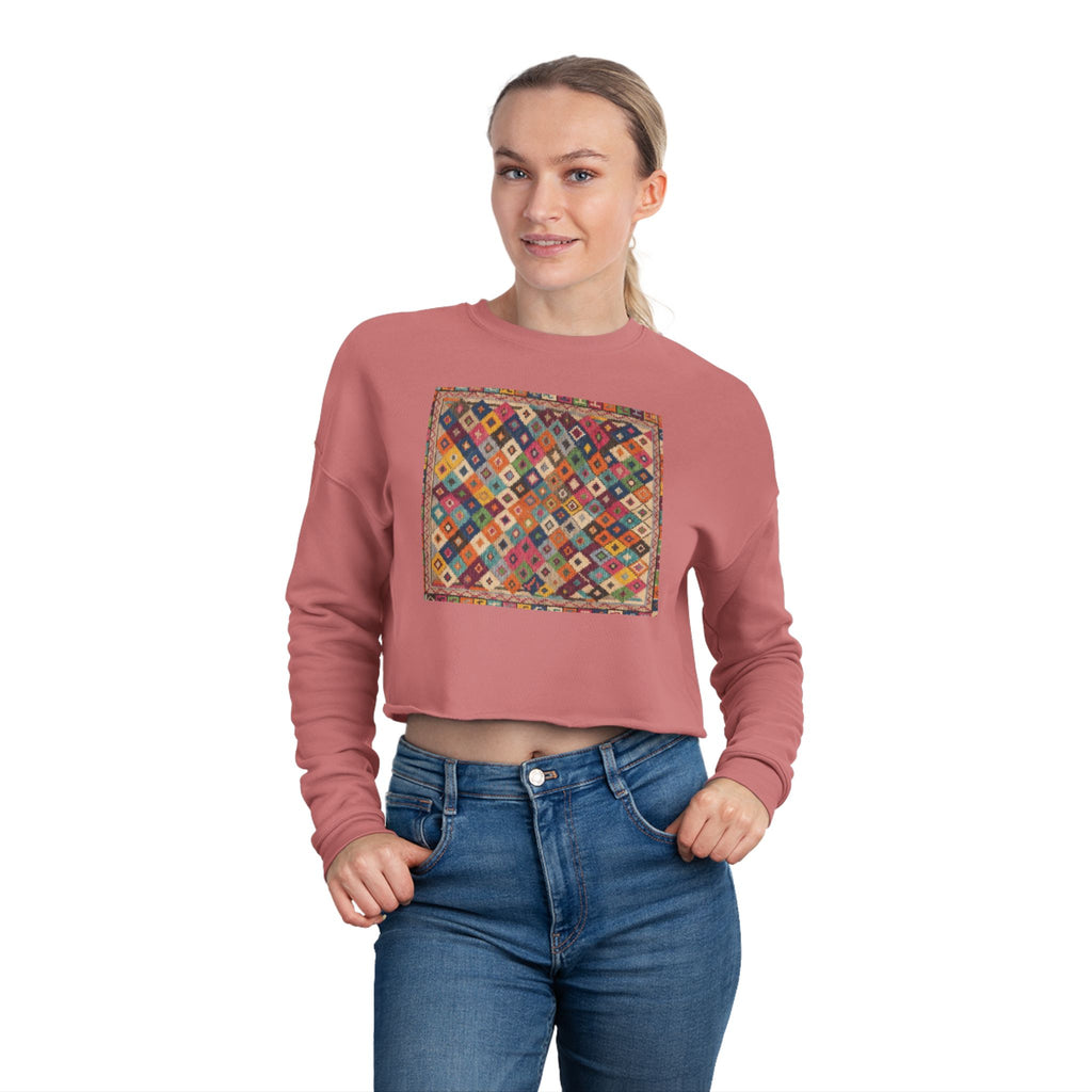 Colorful Patchwork Quilt Cropped Sweatshirt | Boho Geometric Pattern