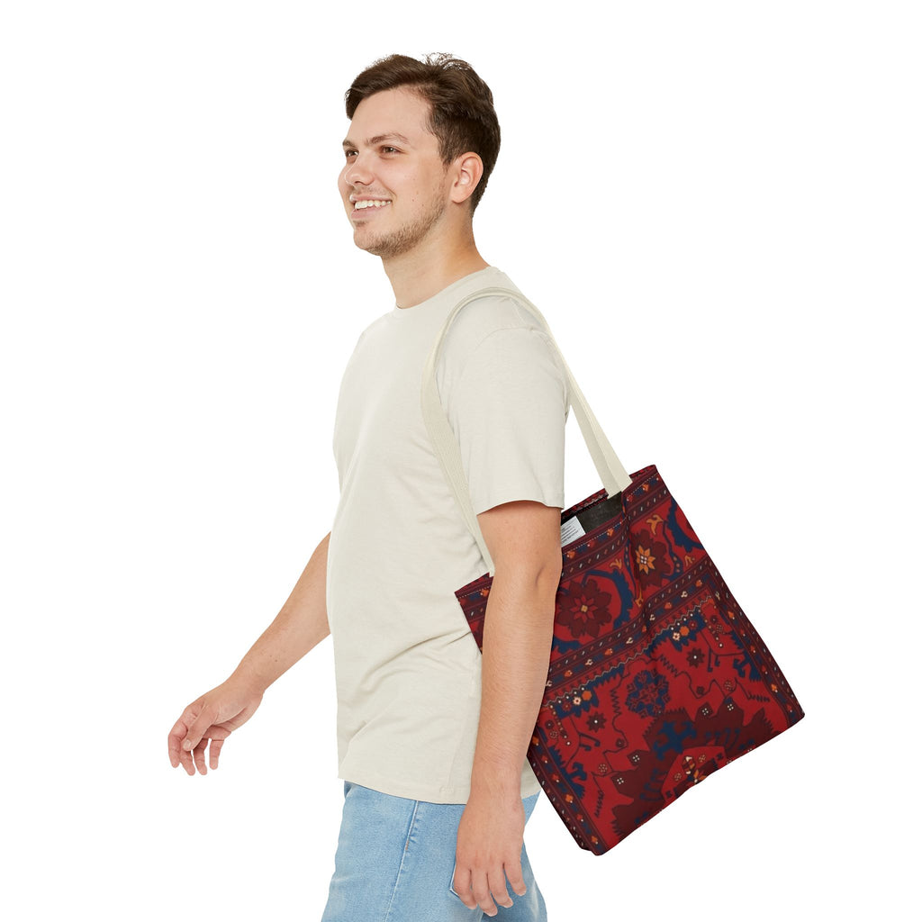 Red Persian Rug Pattern Tote Bag | Boho Oriental Carpet Design