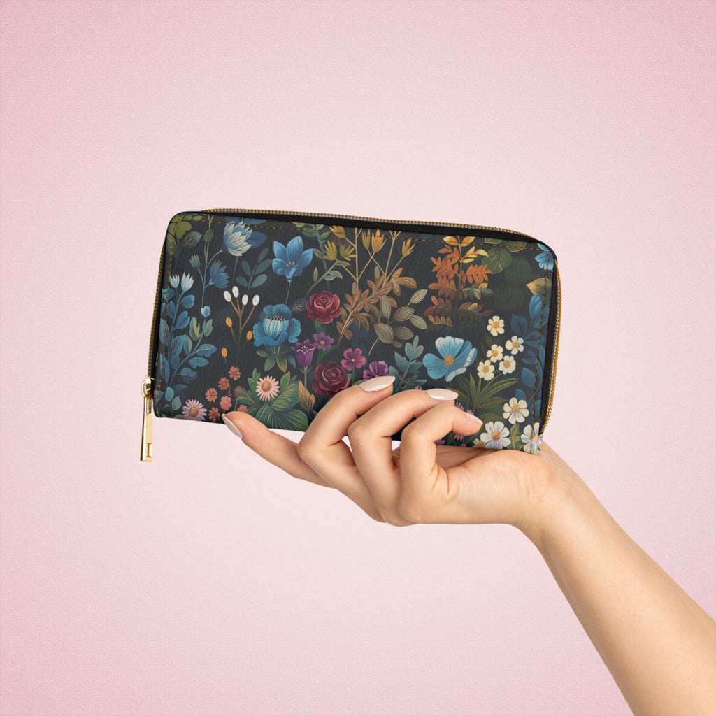 Floral Night Garden Zipper Wallet — Dark Botanical Zip Wallet