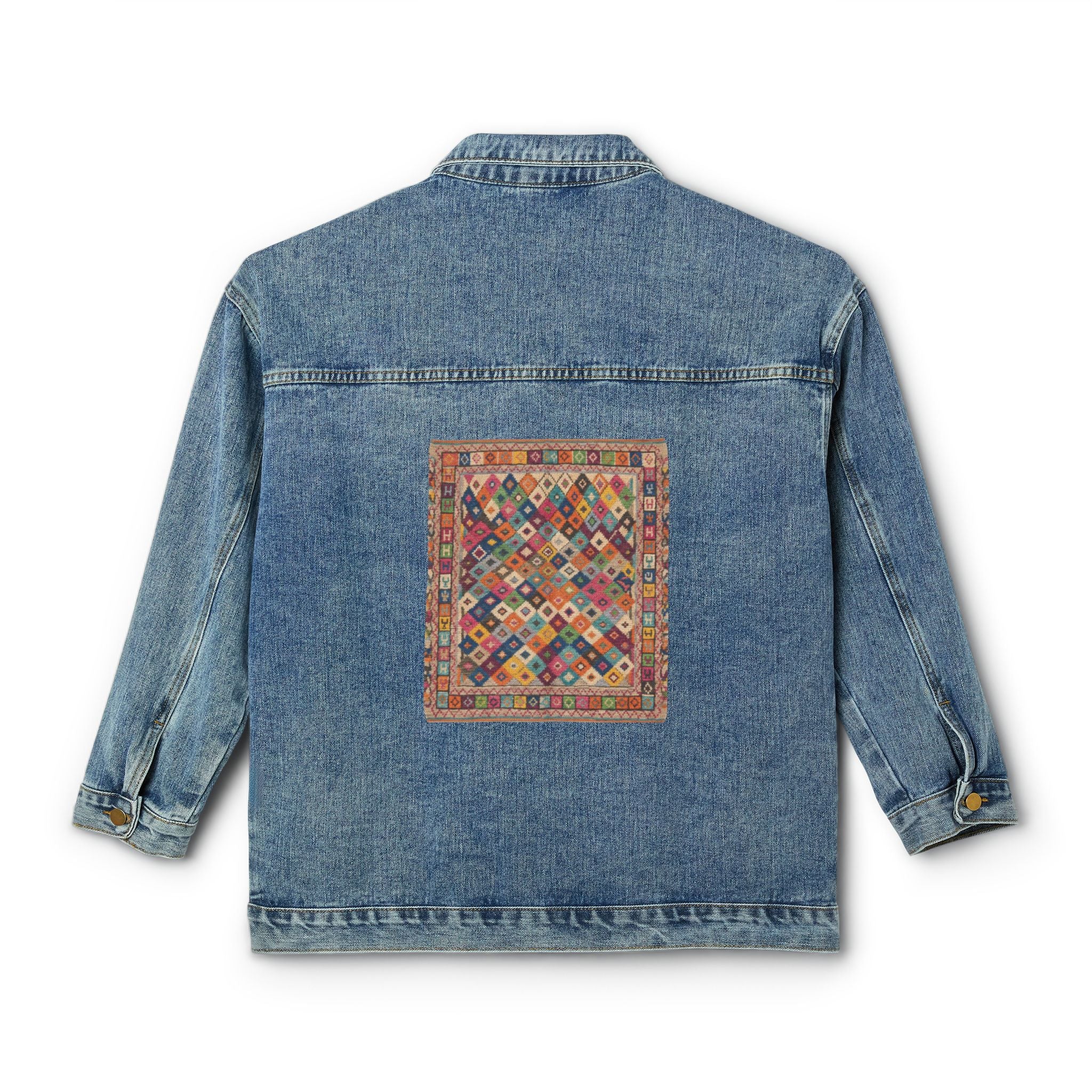 Colorful Quilted Patchwork back print Denim Jacket | Boho Vintage Pattern