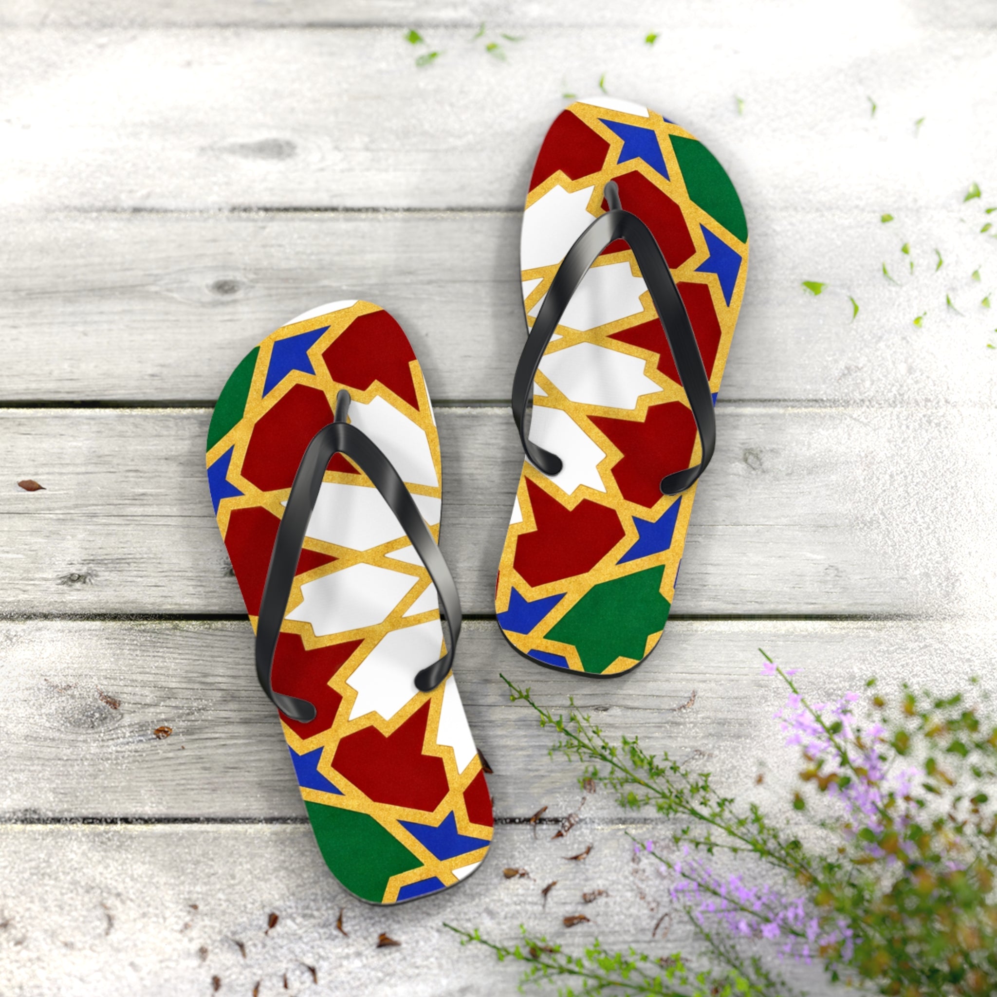 Moroccan Tile Pattern Flip Flops | Colorful Geometric Sandals