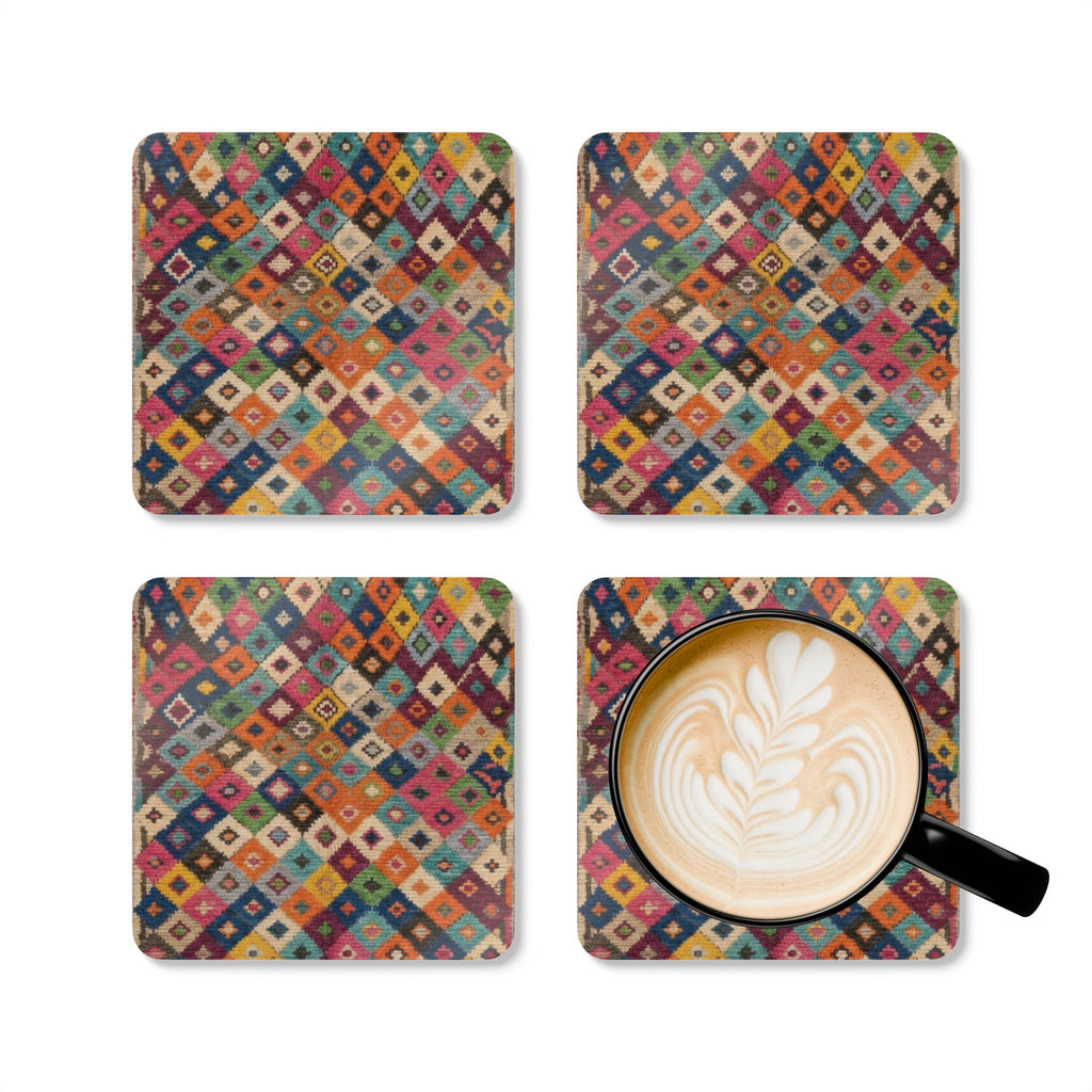 Boho Diamond Pattern Corkwood Coaster Set | Colorful Kilim Tile Coasters