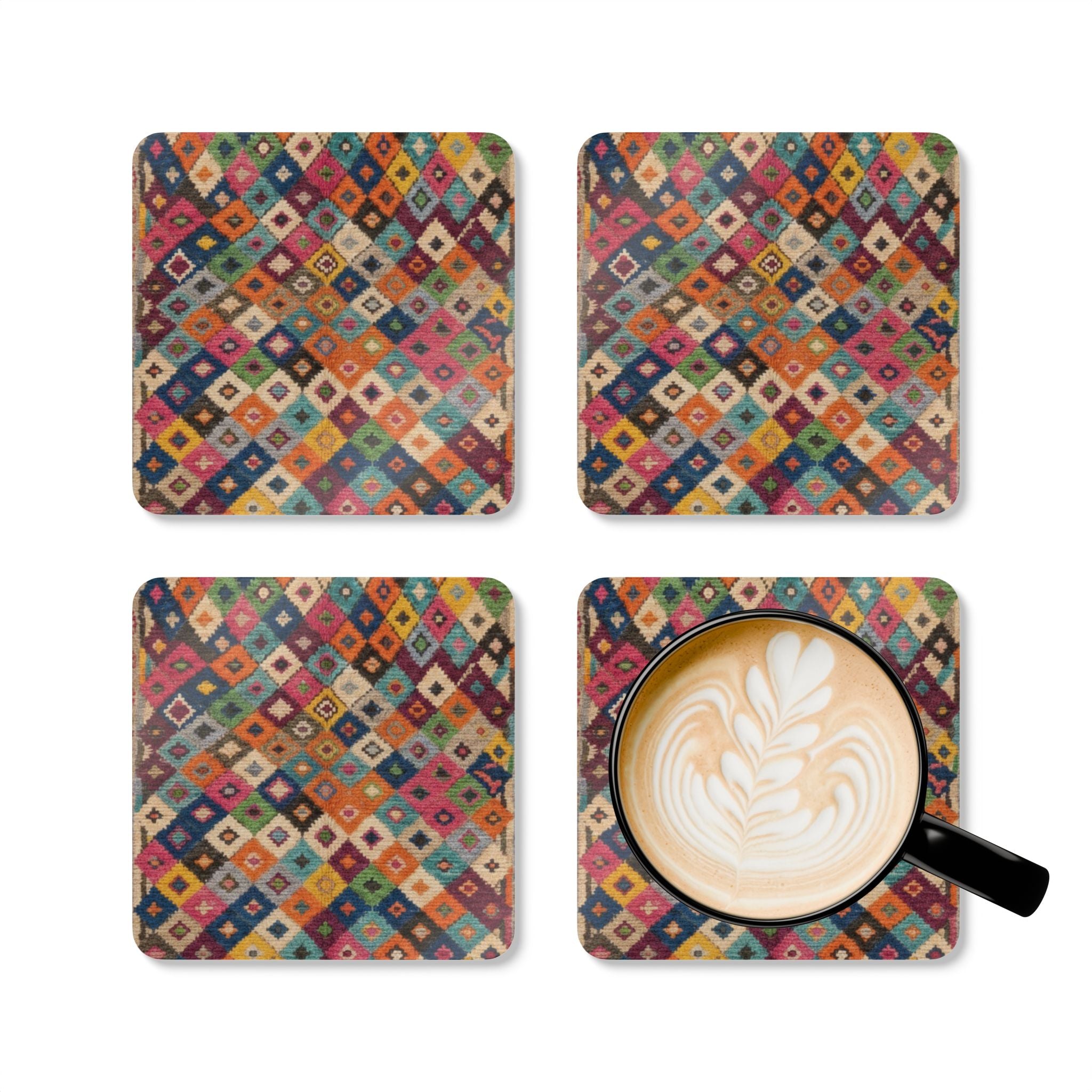 Boho Diamond Pattern Corkwood Coaster Set | Colorful Kilim Tile Coasters