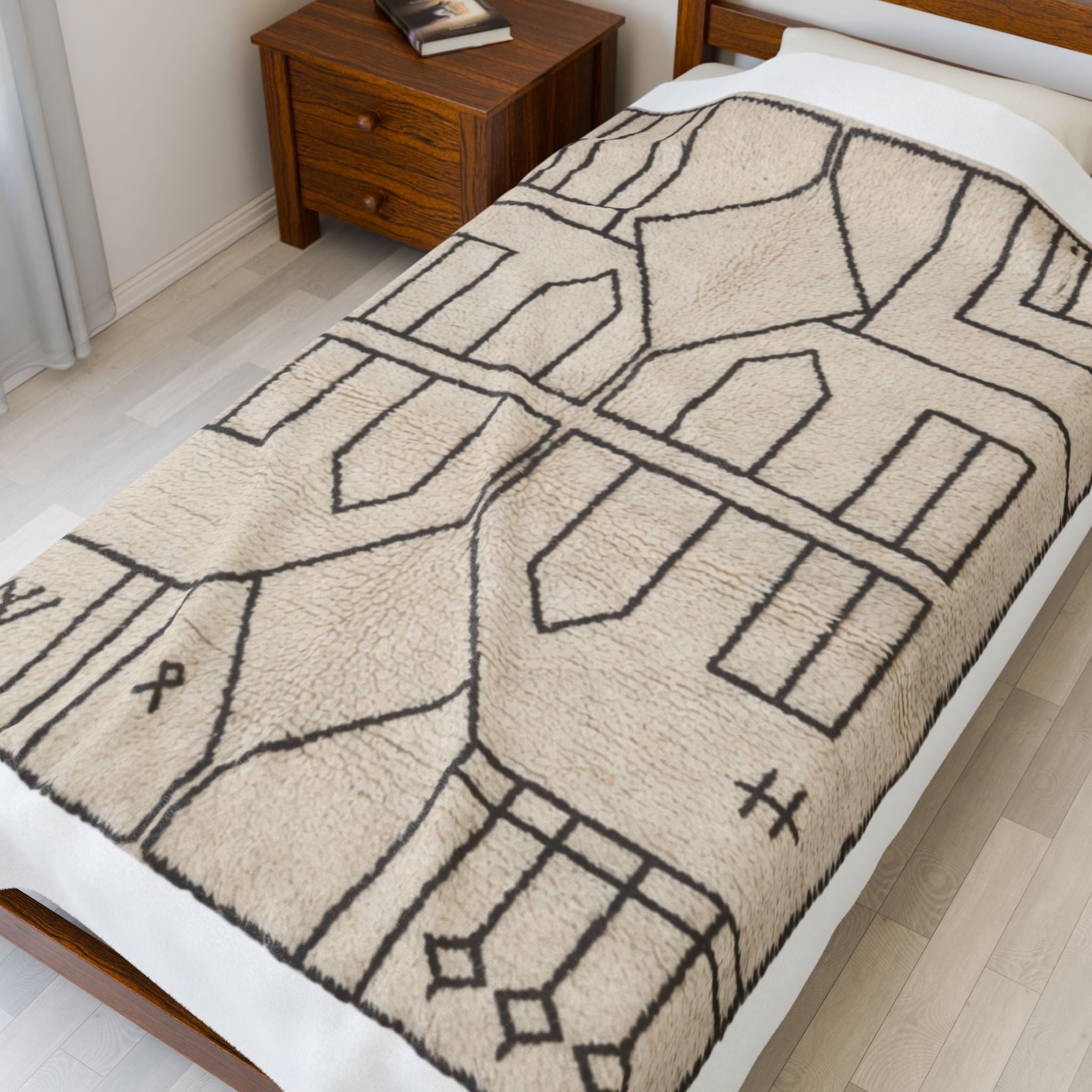 Neutral Geometric Tribal Pattern Velveteen Plush Blanket | Boho Minimalist Throw