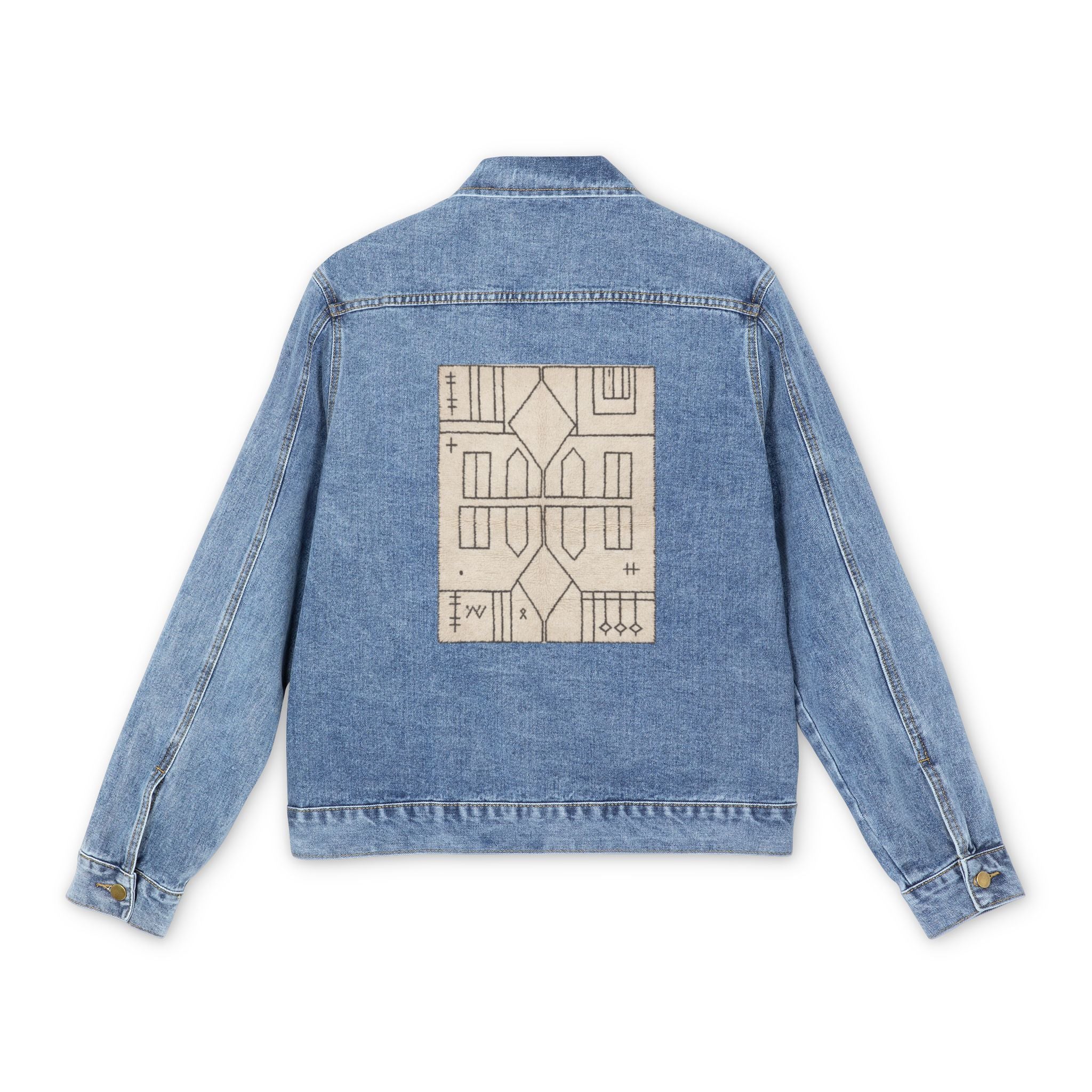 Geometric Aztec Pattern Men's Denim Jacket | Southwestern Patch Back Panel