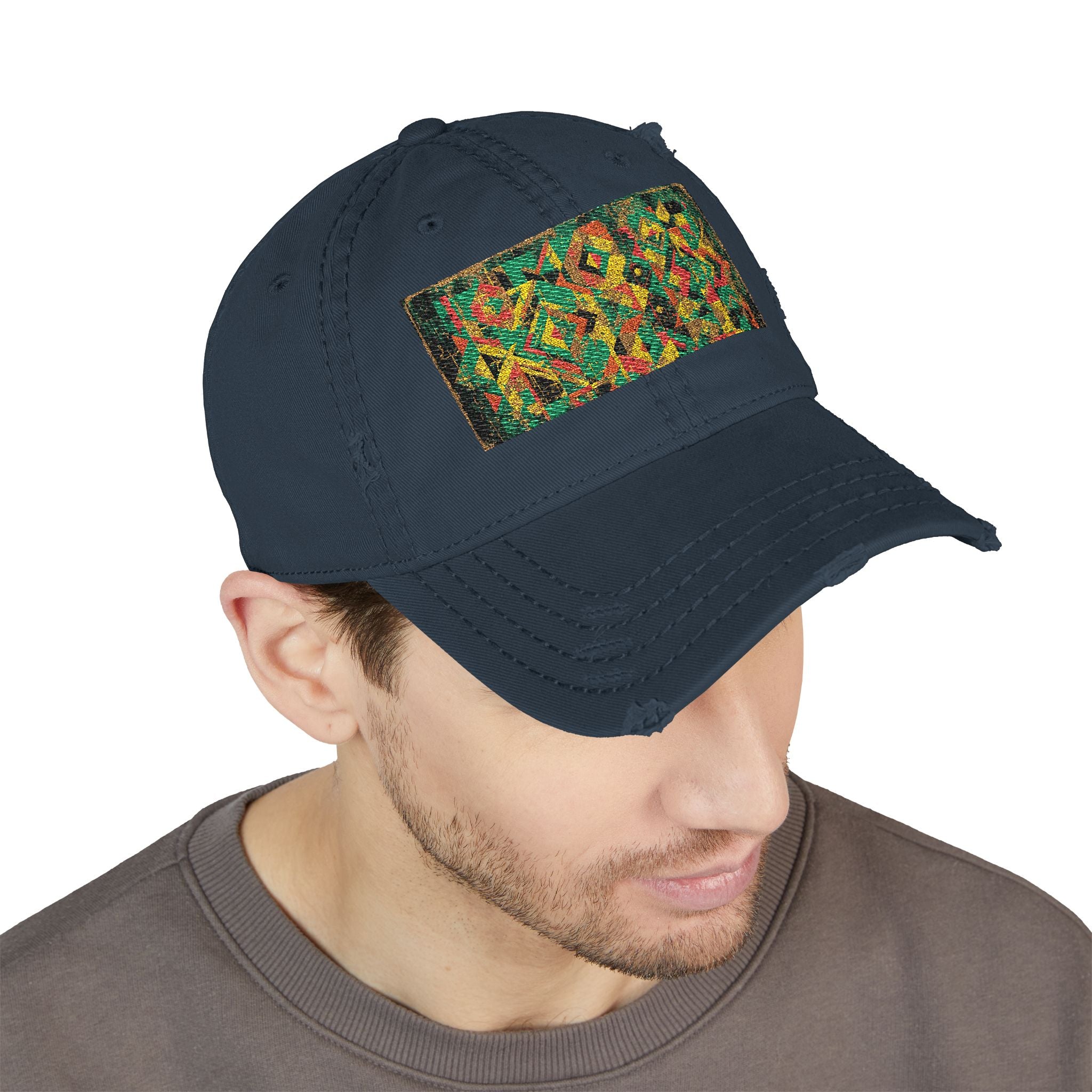 Abstract Colorful Geometric Embroidery Dad Hat | Distressed Patch Cap