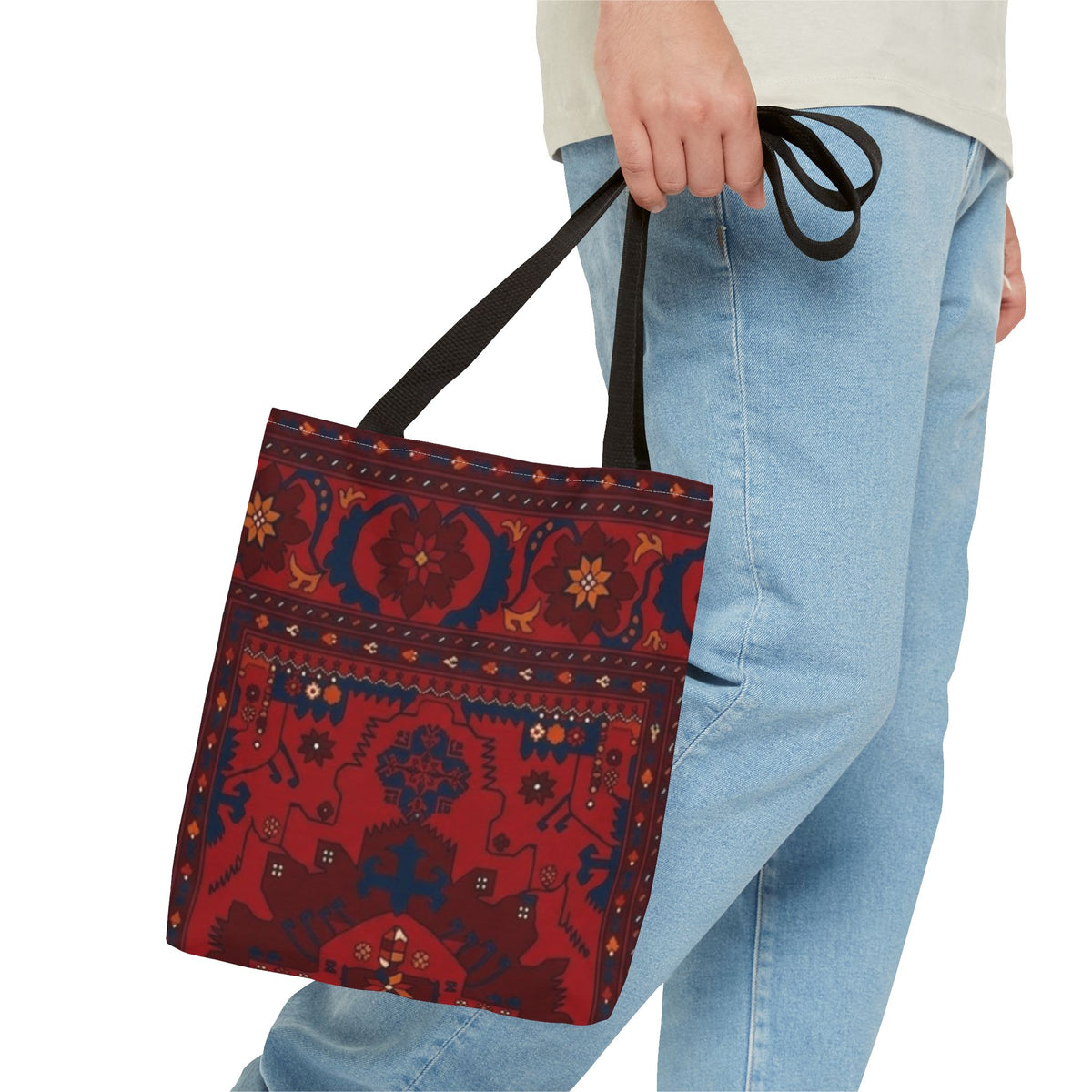 Red Persian Rug Pattern Tote Bag | Boho Oriental Carpet Design