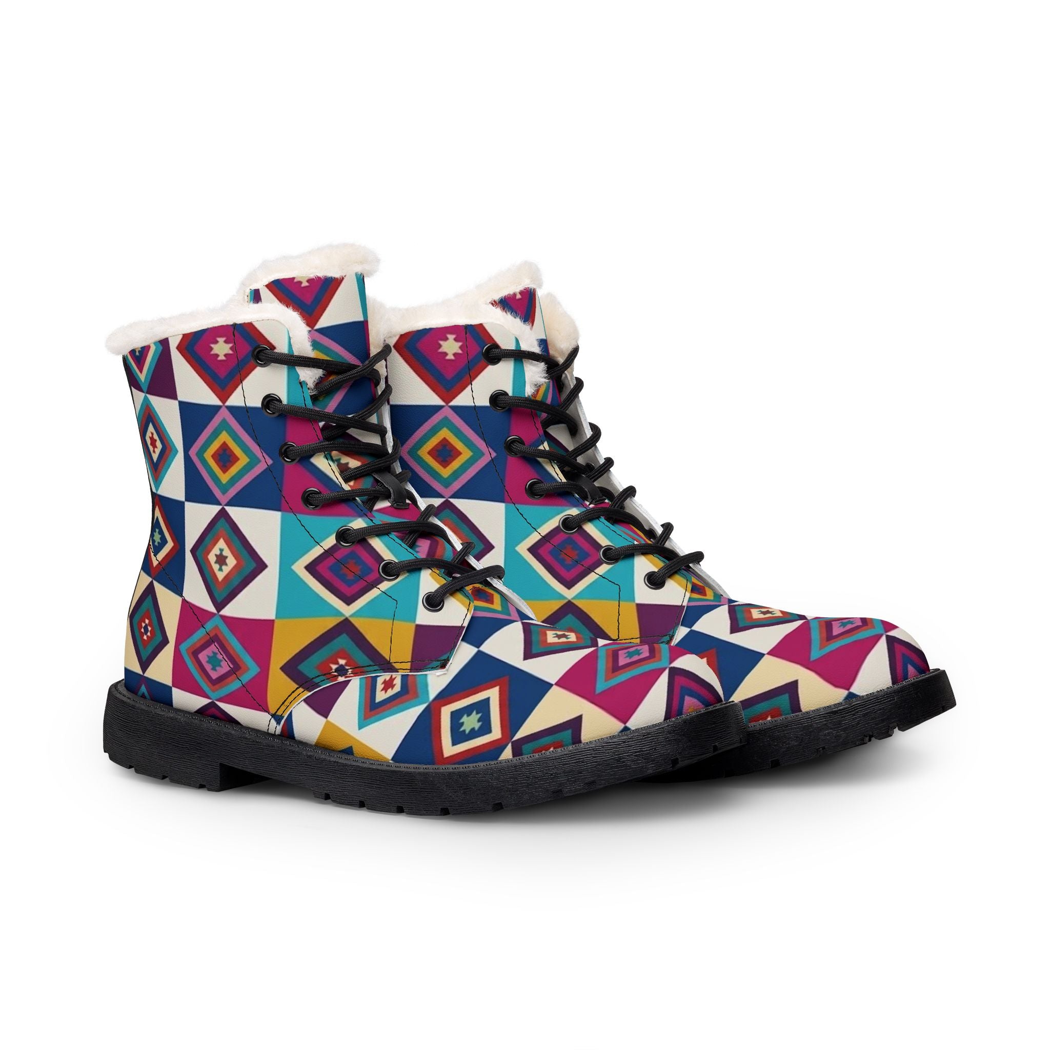 Colorful Geometric Diamond Pattern Boots | Women's Fur Lined Leather Boots