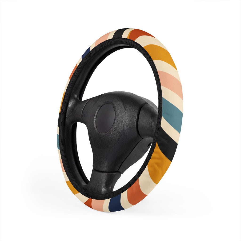 Abstract Retro Waves Car Steering Wheel Cover | Colorful Striped Pattern