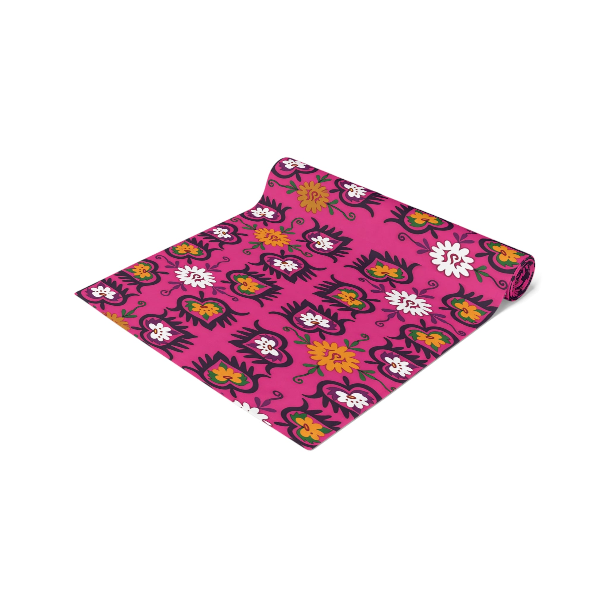 Pink Floral Pattern Table Runner | Boho Hearts Motif