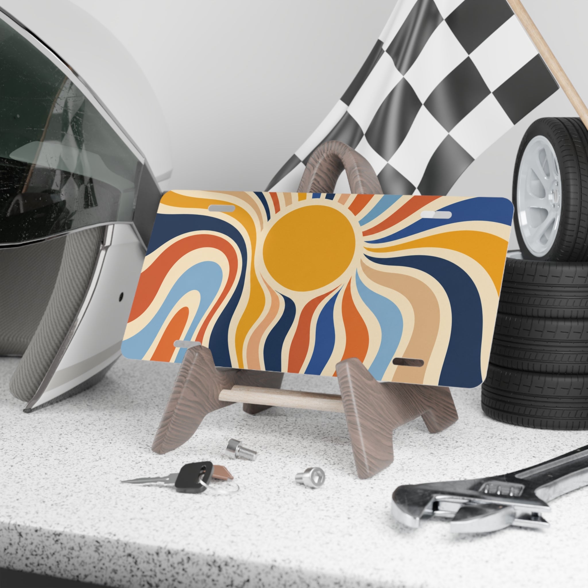 Retro Sunburst Vanity Plate | Boho License Plate, Colorful Waves