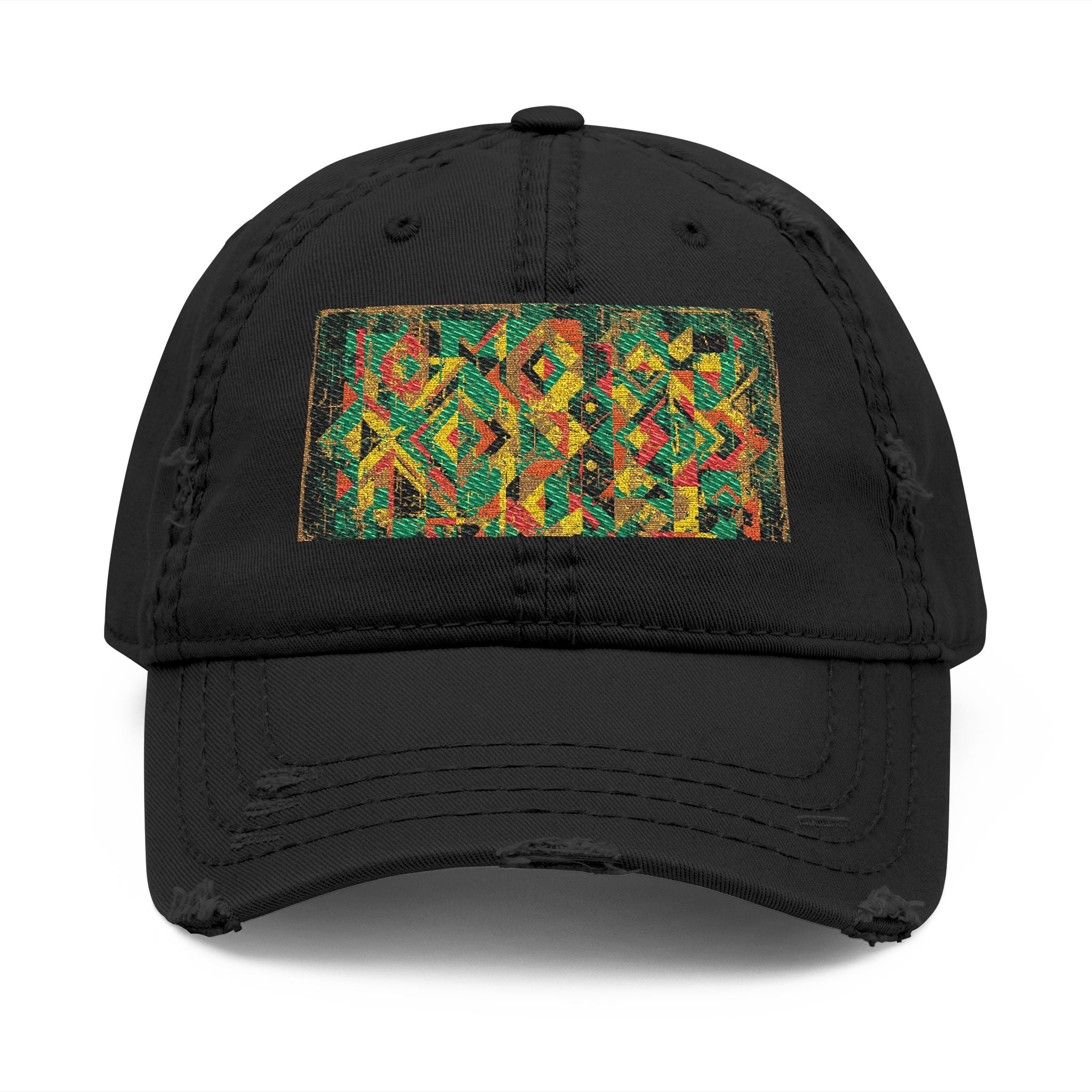 Abstract Colorful Geometric Embroidery Dad Hat | Distressed Patch Cap