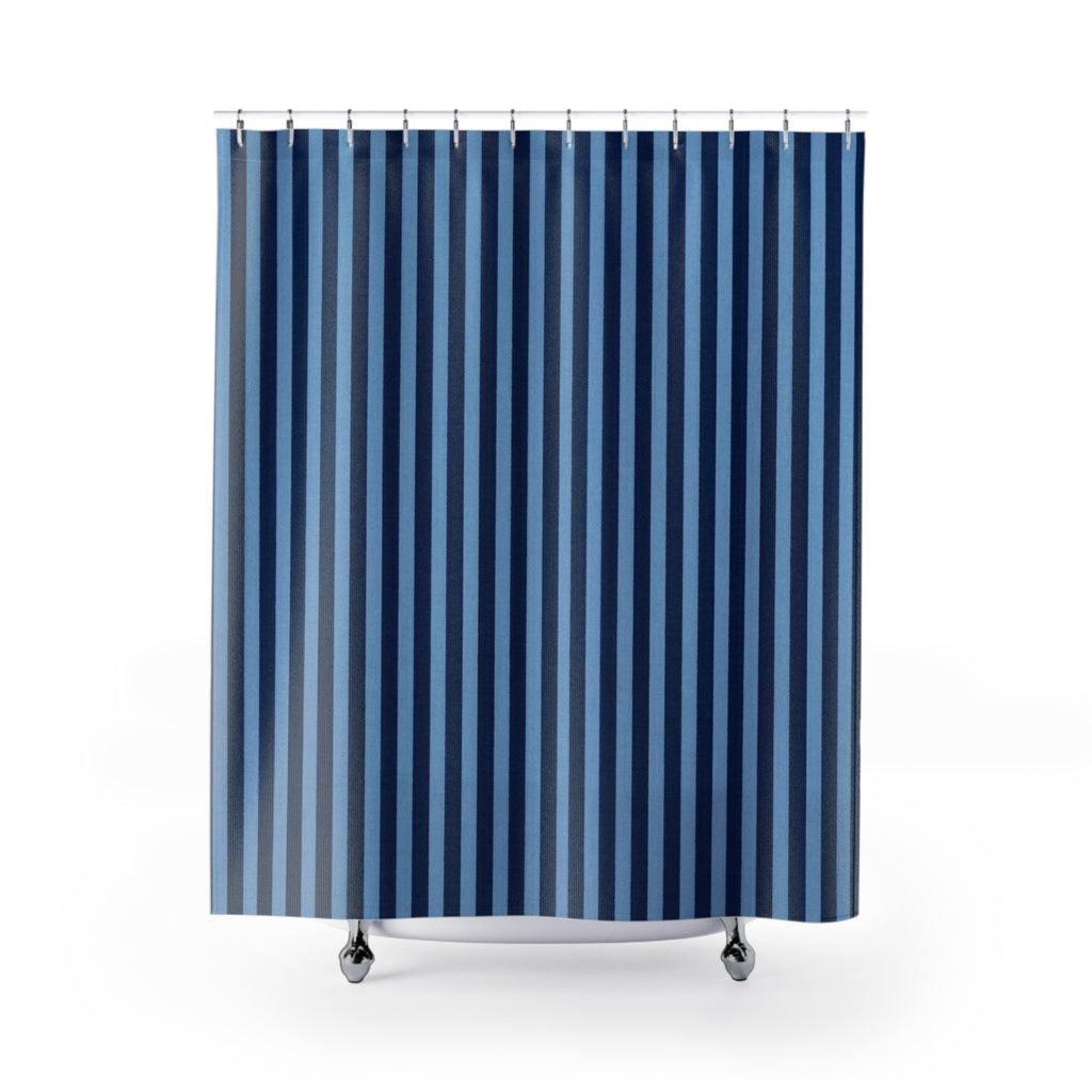Navy and Light Blue Vertical Stripes Shower Curtain | Modern Bathroom Decor