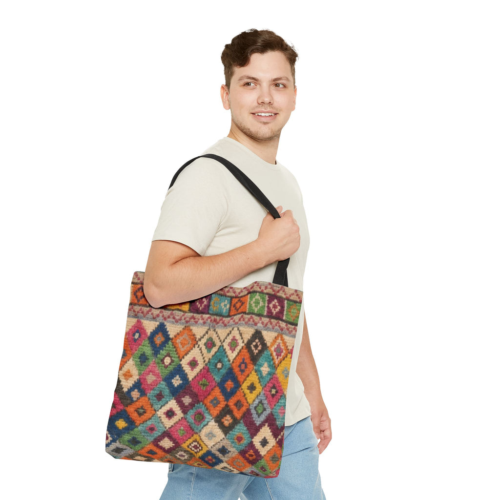 Colorful Kilim Diamond Pattern Tote Bag | Boho Tribal Aztec Shopper