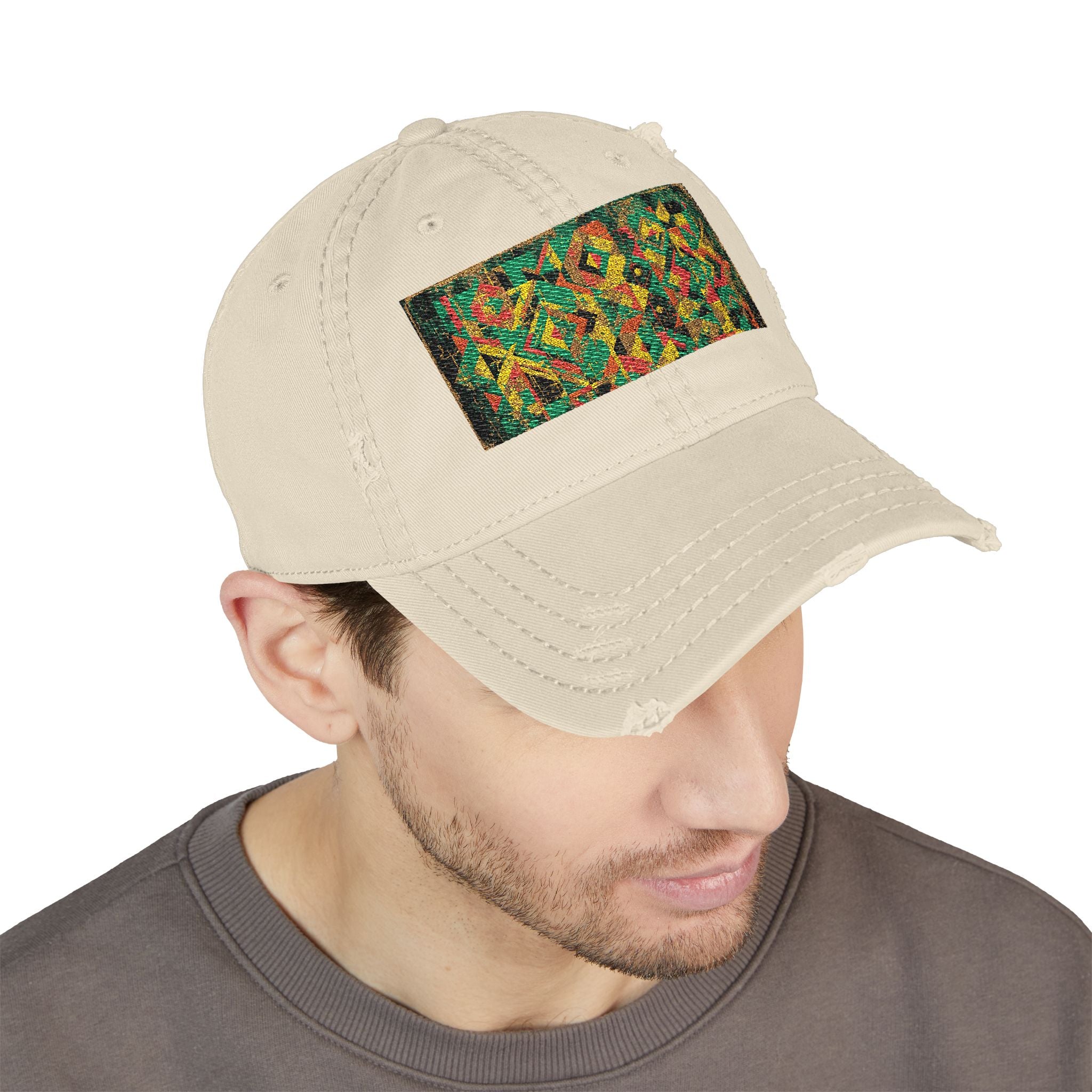 Abstract Colorful Geometric Embroidery Dad Hat | Distressed Patch Cap
