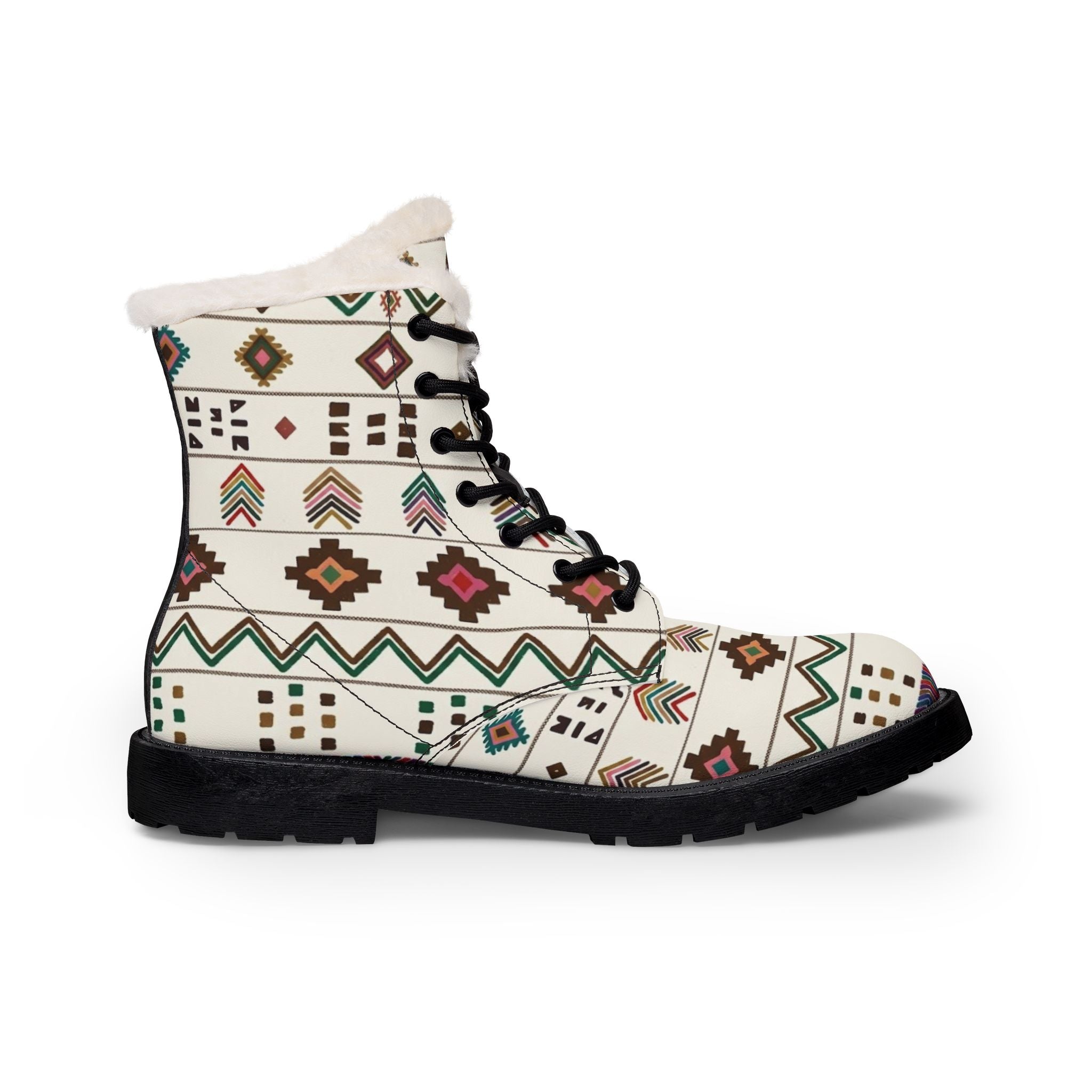 Boho Aztec Pattern Boots | Fur Lined Leather Ankle Boots