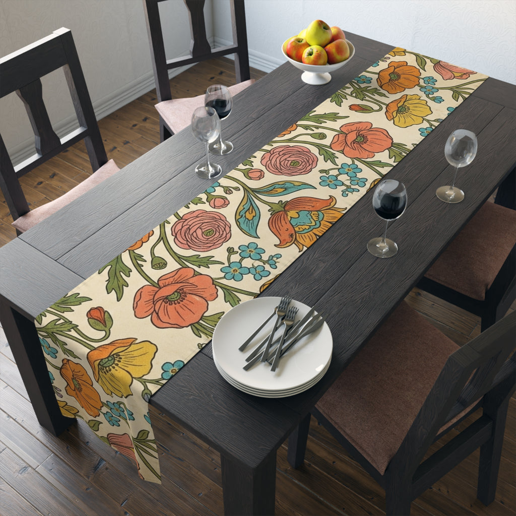 Vintage Floral Spring Table Runner | Poppy & Rose Botanical Design
