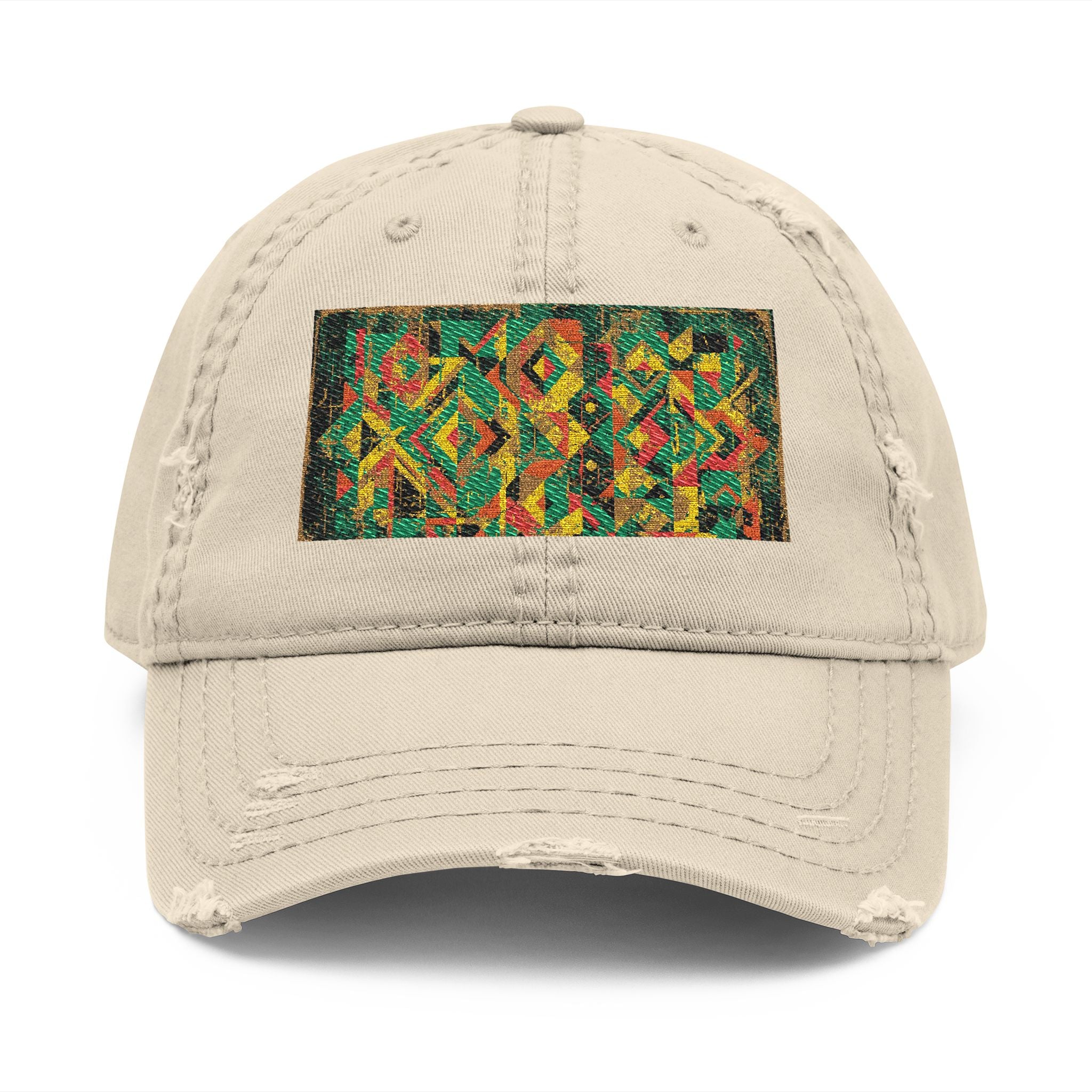 Abstract Colorful Geometric Embroidery Dad Hat | Distressed Patch Cap