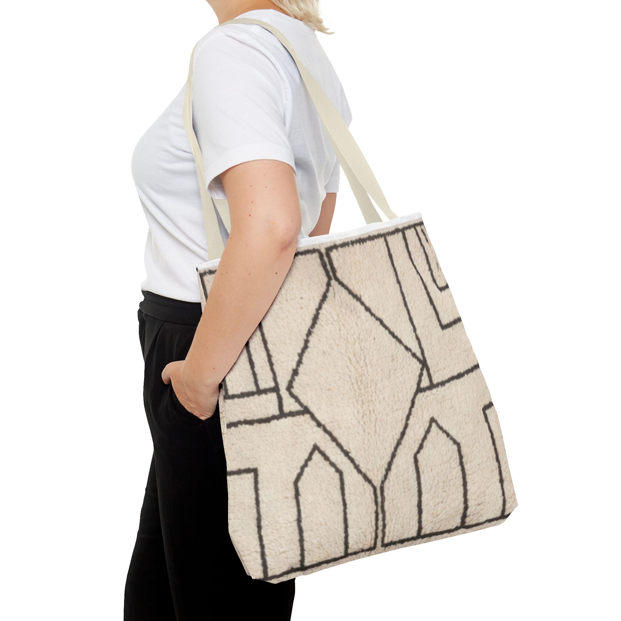 Neutral Geometric Diamond Pattern Tote Bag | Minimal Line Art