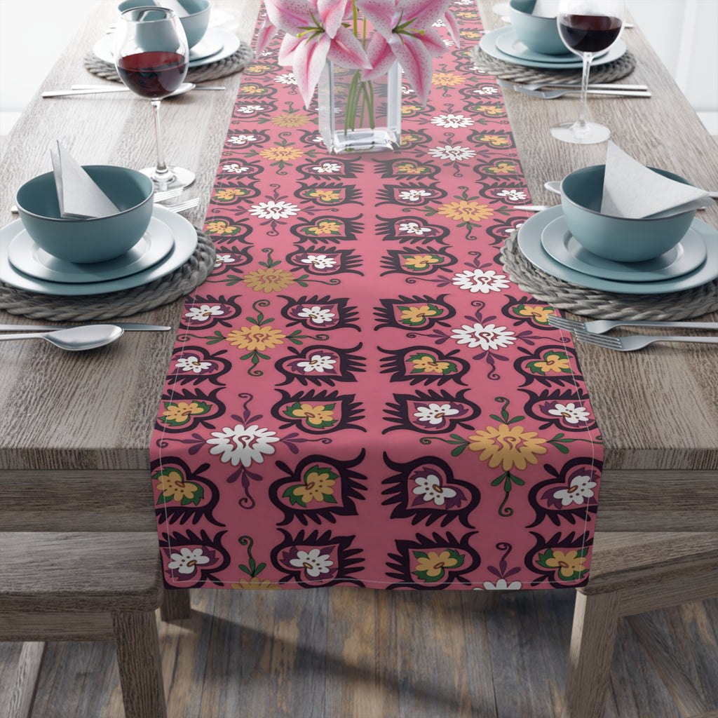 Pink Floral Pattern Table Runner | Boho Hearts Motif