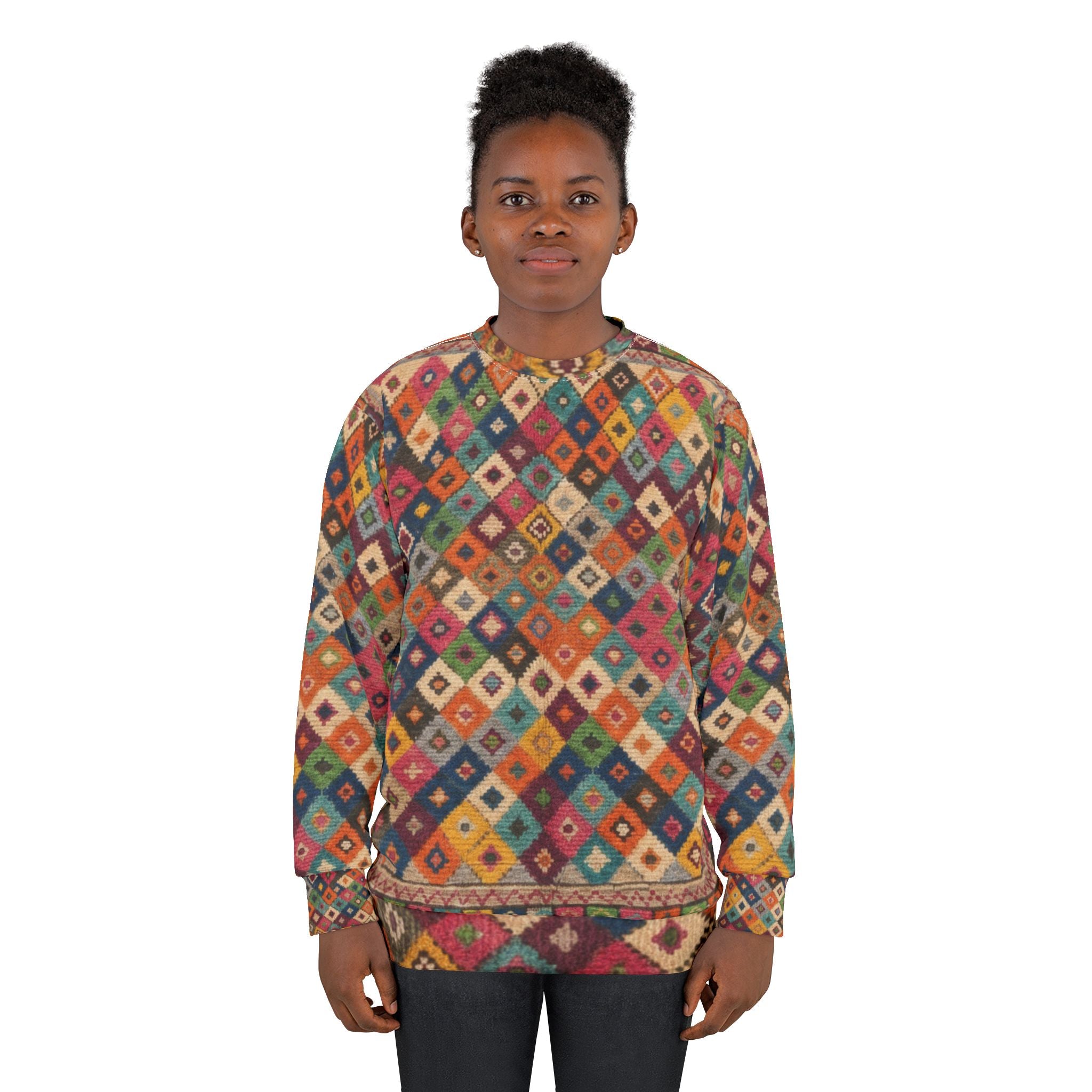Colorful Kilim Diamond Pattern Sweatshirt | Bohemian Berber Tribal Allover Print