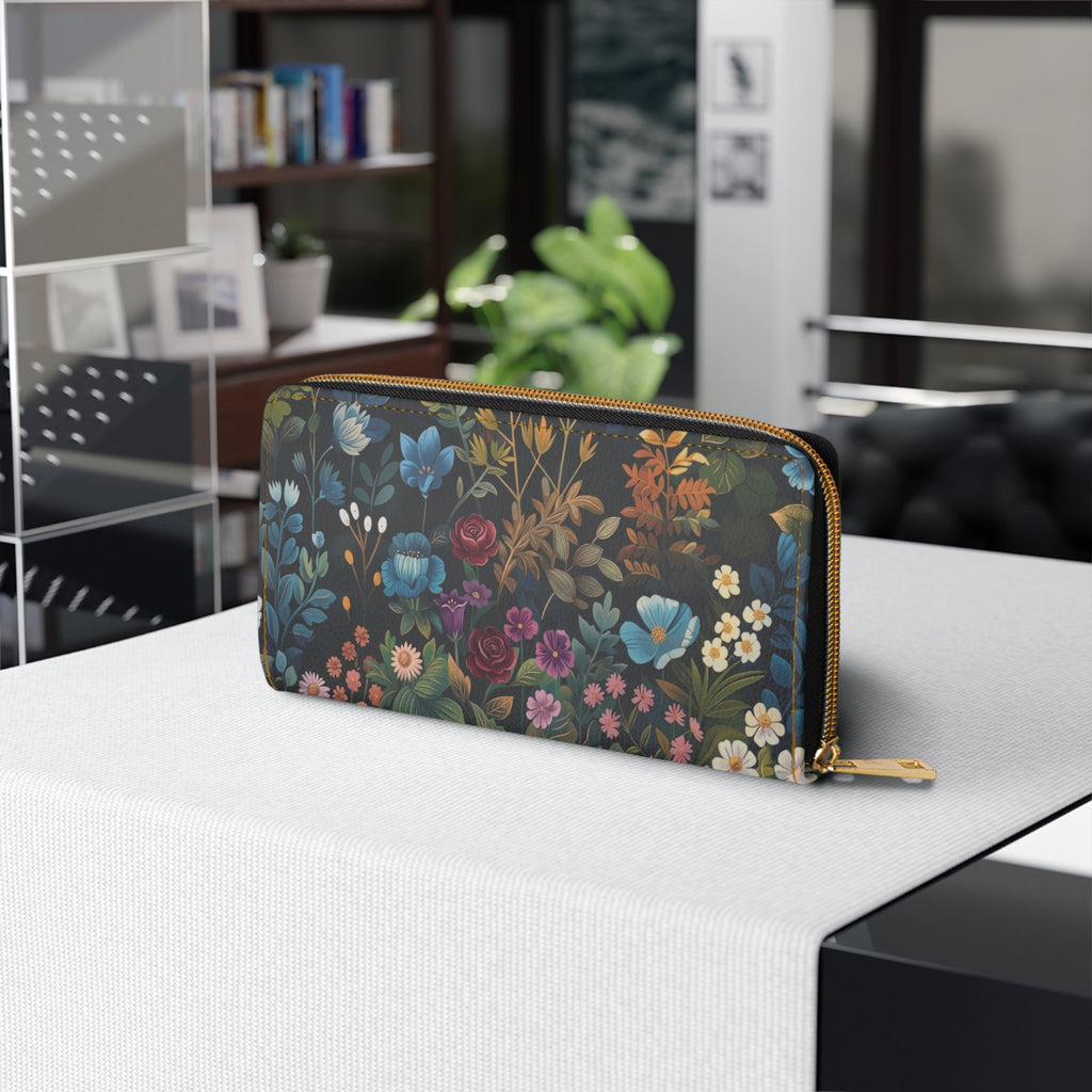 Floral Night Garden Zipper Wallet — Dark Botanical Zip Wallet