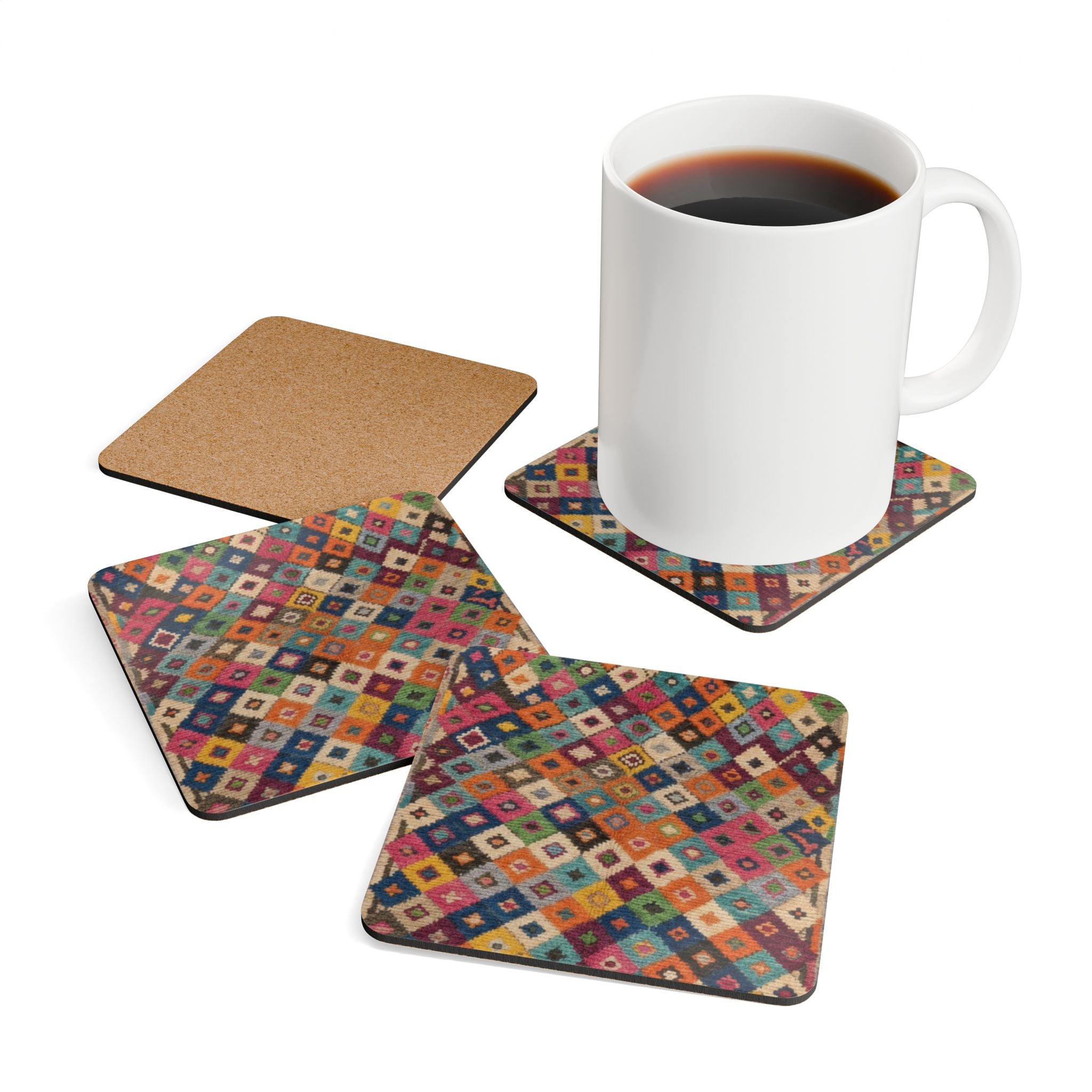 Boho Diamond Pattern Corkwood Coaster Set | Colorful Kilim Tile Coasters