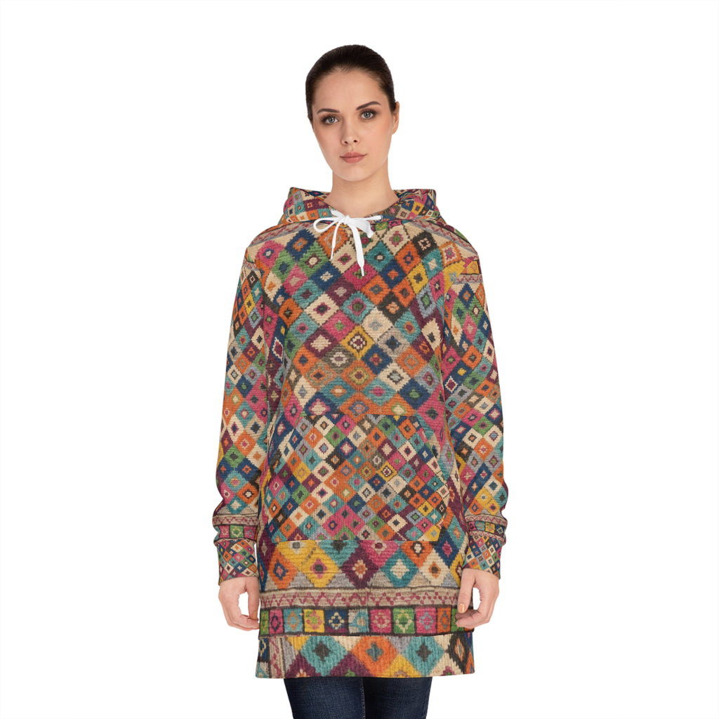 Boho Diamond Pattern Hoodie Dress
