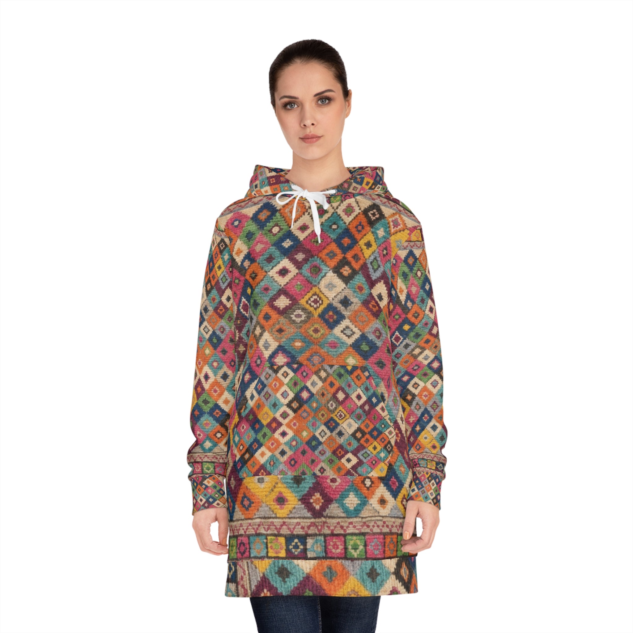 Boho Diamond Pattern Hoodie Dress