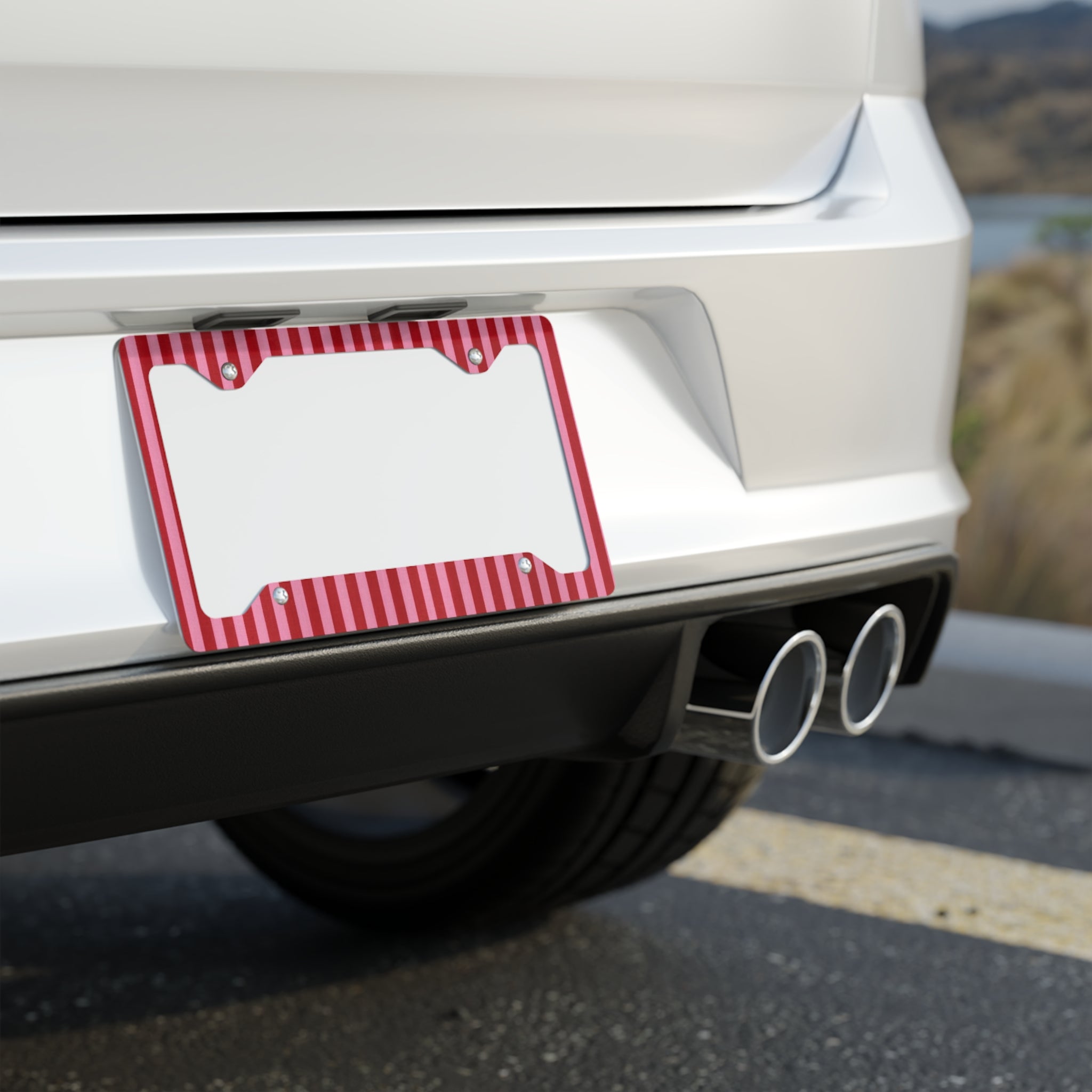 Red Striped Metal License Plate Frame | Pink Candy Stripe Car Trim