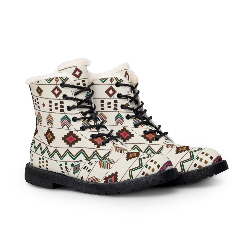 Boho Aztec Pattern Boots | Fur Lined Leather Ankle Boots