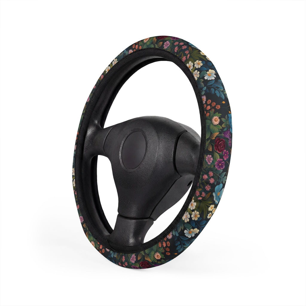 Vintage Floral Pattern Car Steering Wheel Cover | Dark Botanical Blooms