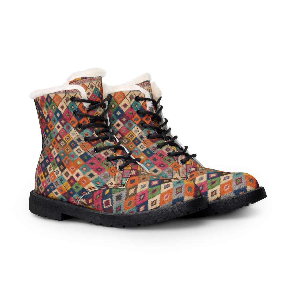 Colorful Diamond Patchwork Boots | Fur Lined Leather Boots