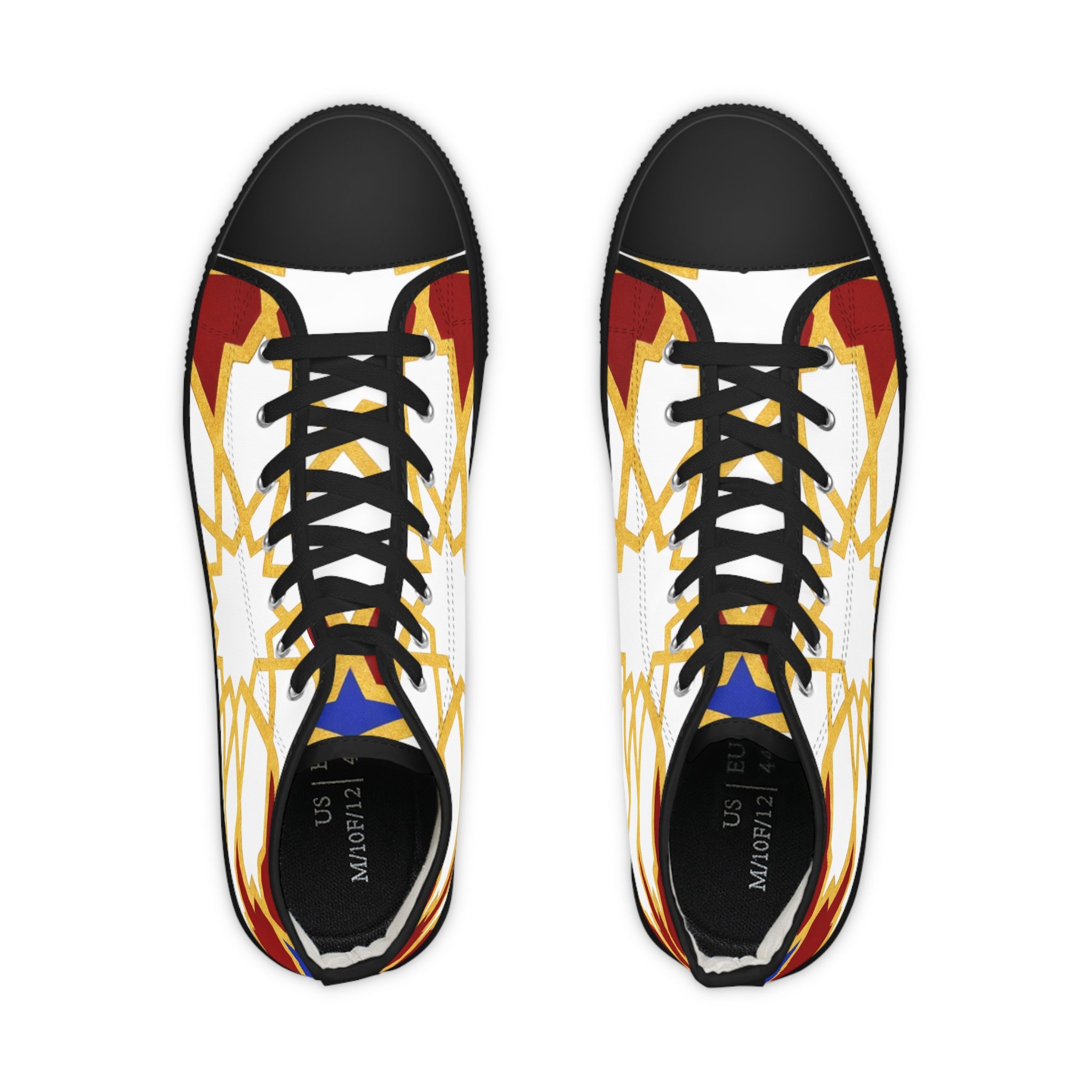 Geometric Star Pattern High Top Sneakers | Gold Red Blue