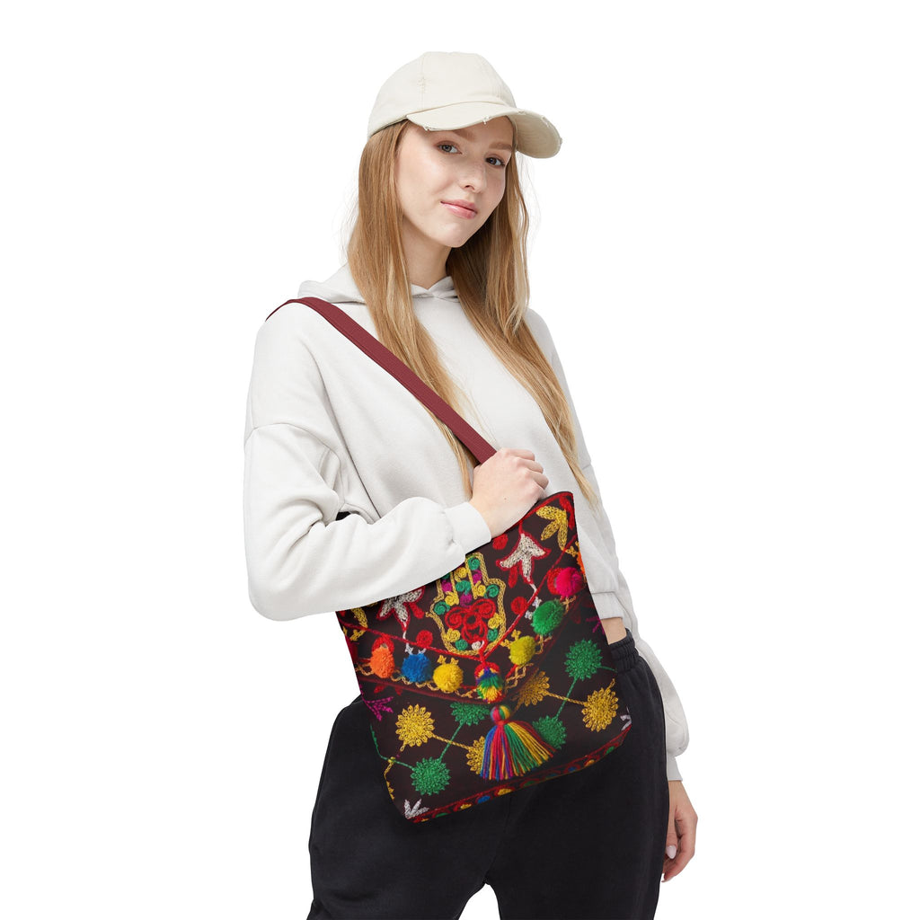 Colorful Hamsa Hand Pom Pom Pattern Tote Bag | Boho Embroidered Style