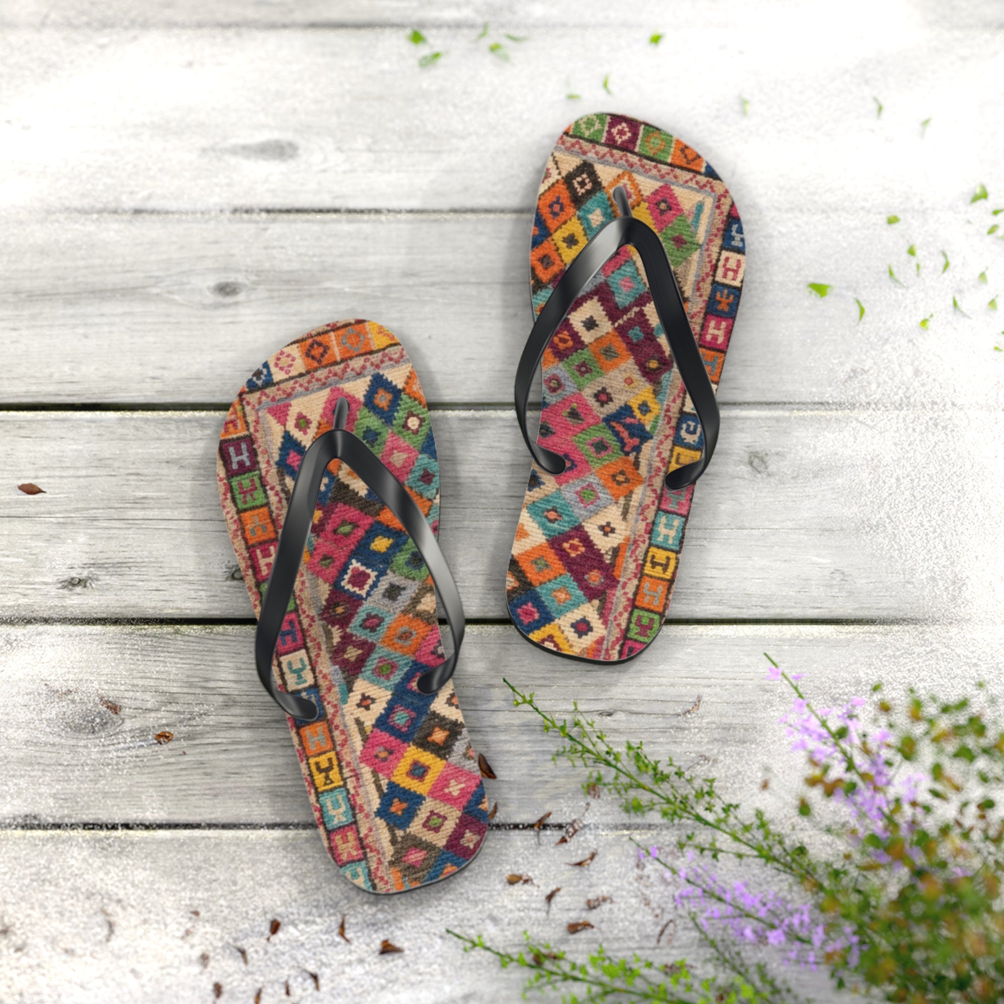 Boho Kilim Pattern Flip Flops | Colorful Tribal Slip-Ons