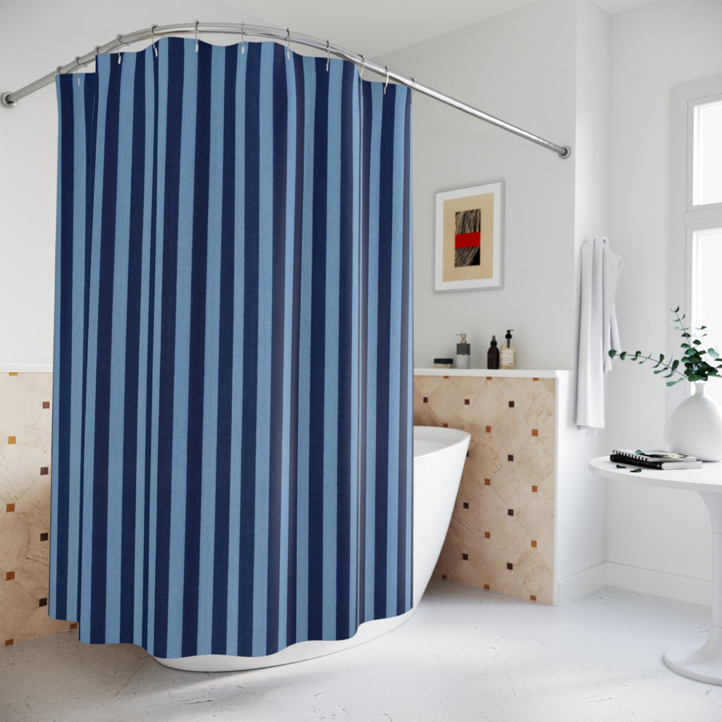 Navy and Light Blue Vertical Stripes Shower Curtain | Modern Bathroom Decor