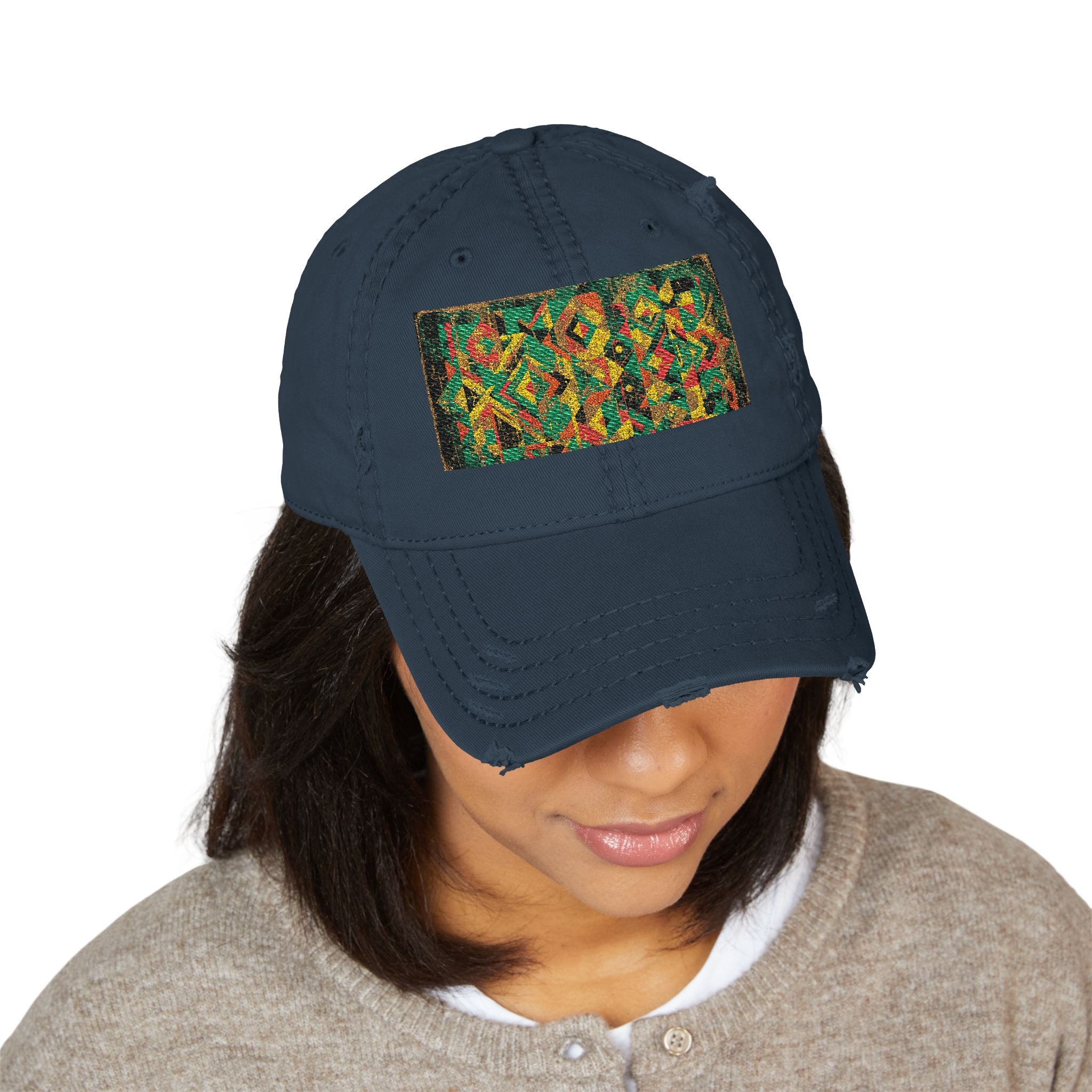 Abstract Colorful Geometric Embroidery Dad Hat | Distressed Patch Cap