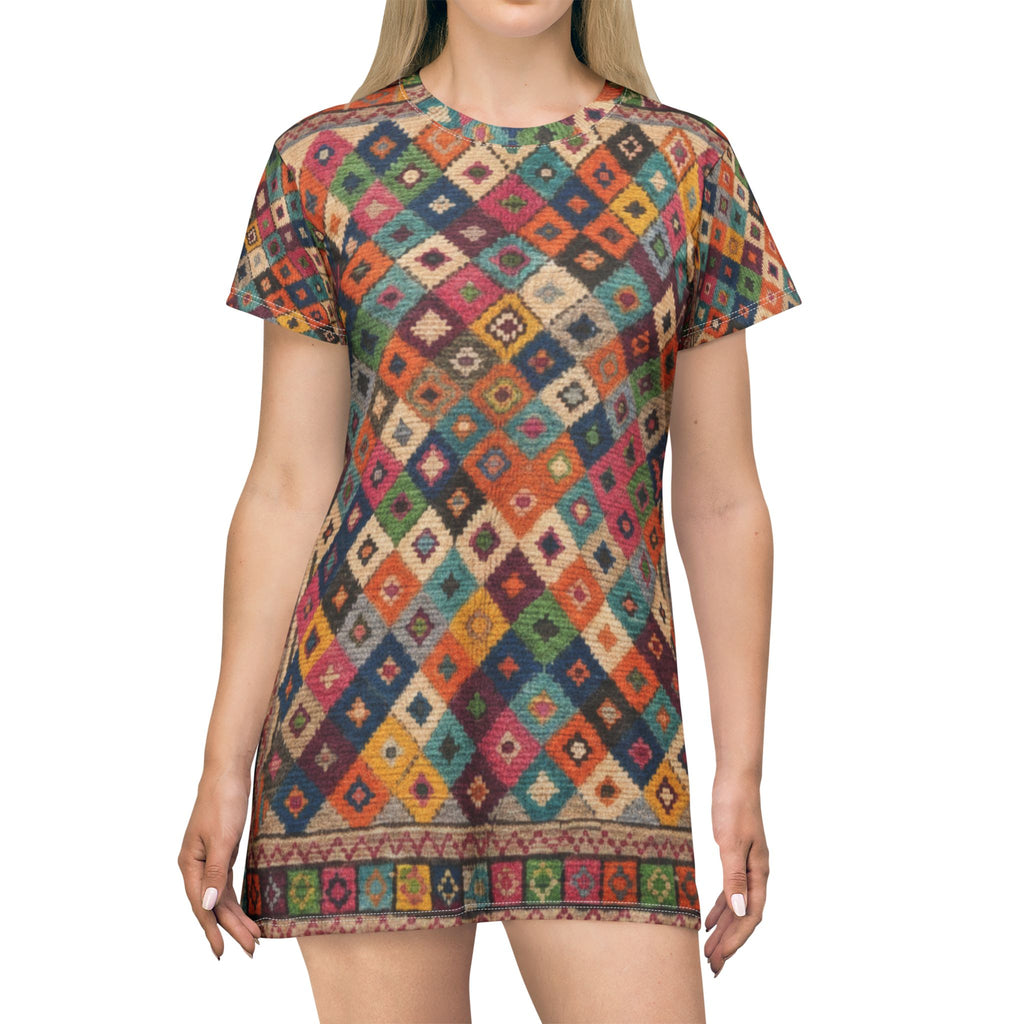 Colorful Kilim Diamond Pattern T-Shirt Dress | Boho Tribal All-Over Print