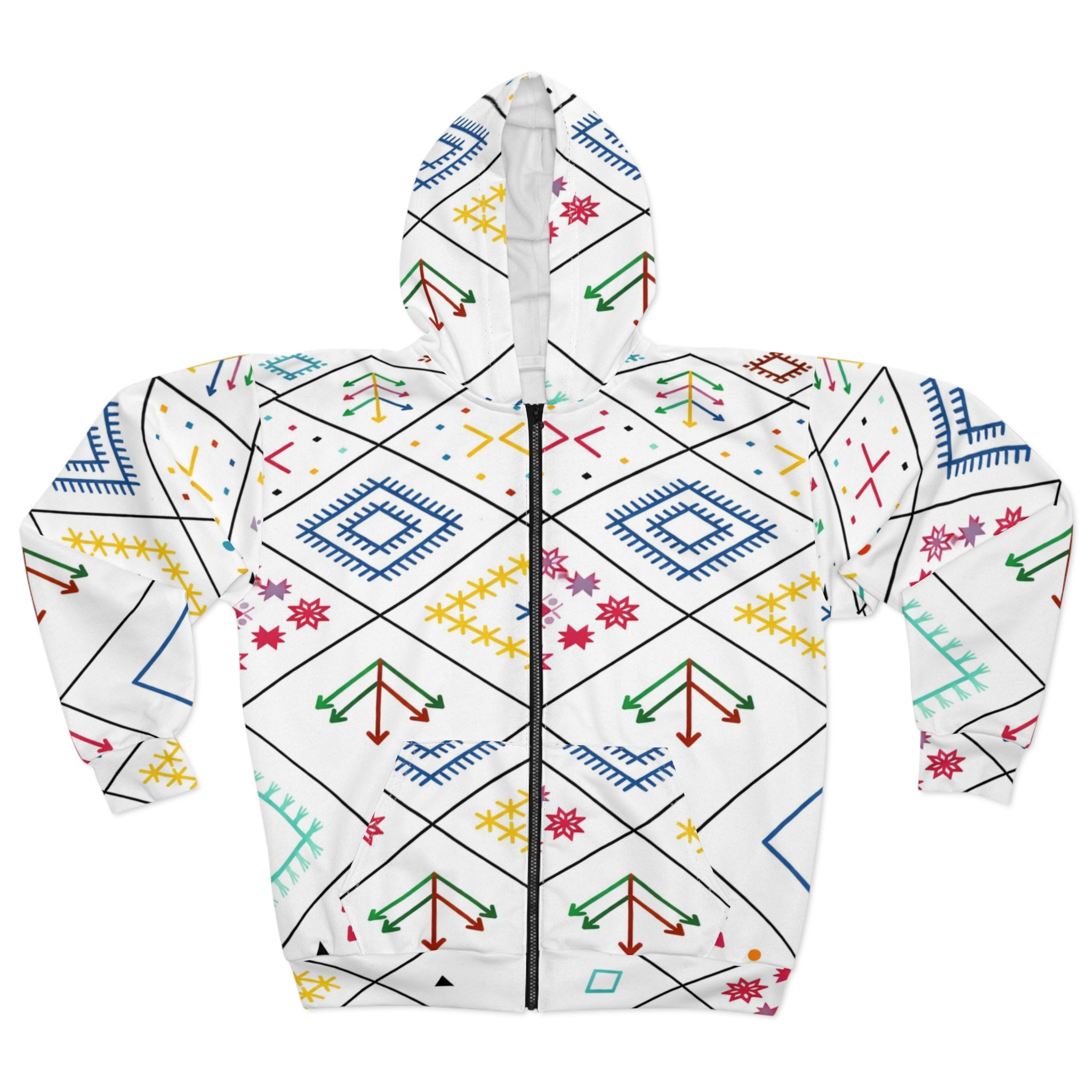 Colorful Geometric Folk Pattern Zip Hoodie | All-Over Print